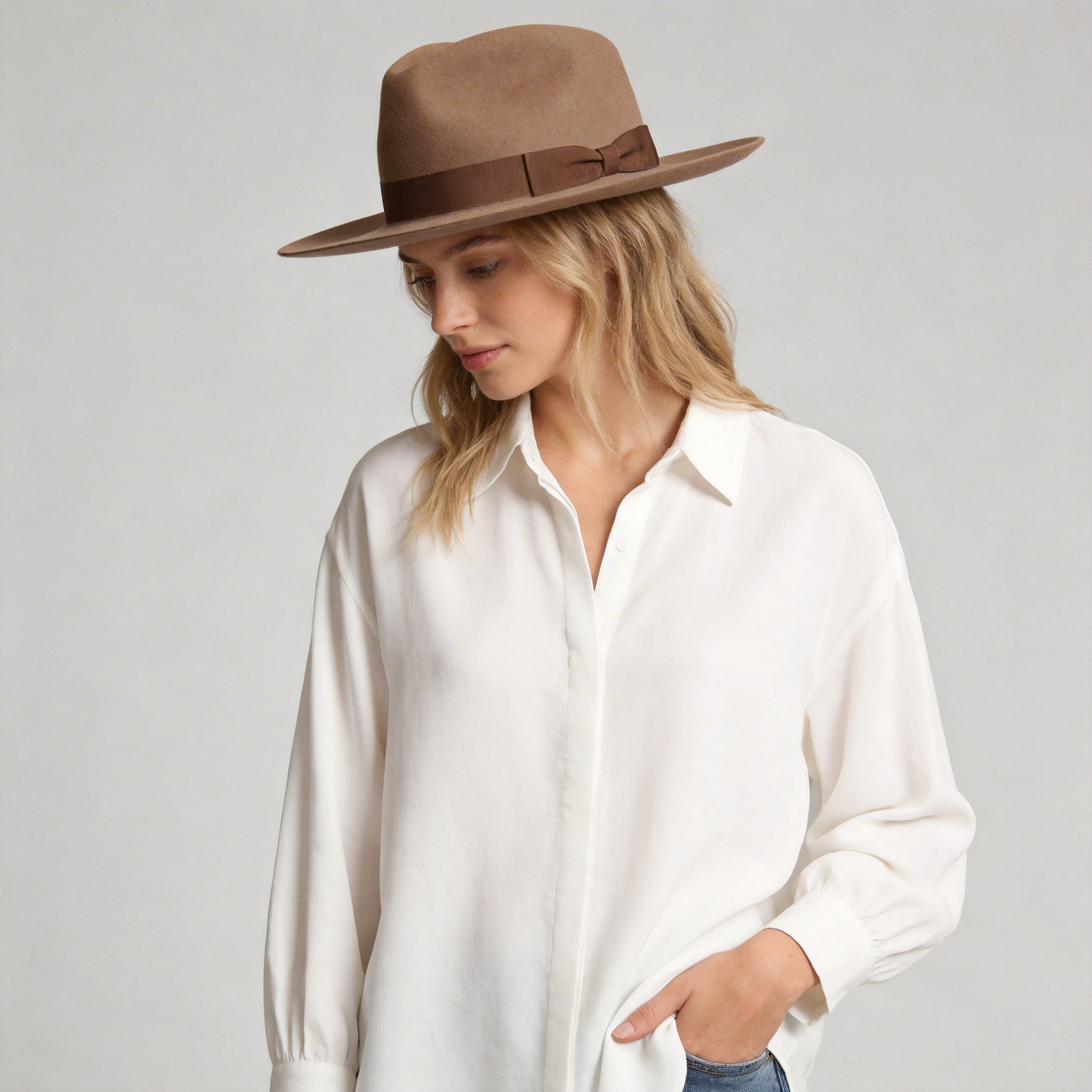 Women Brown Wide Brim Felt Fedora