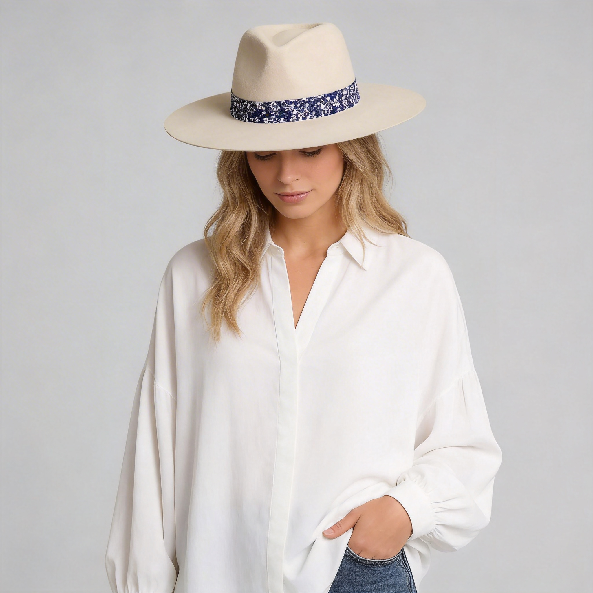 Women Custom Floral Band Hat – Ivory White