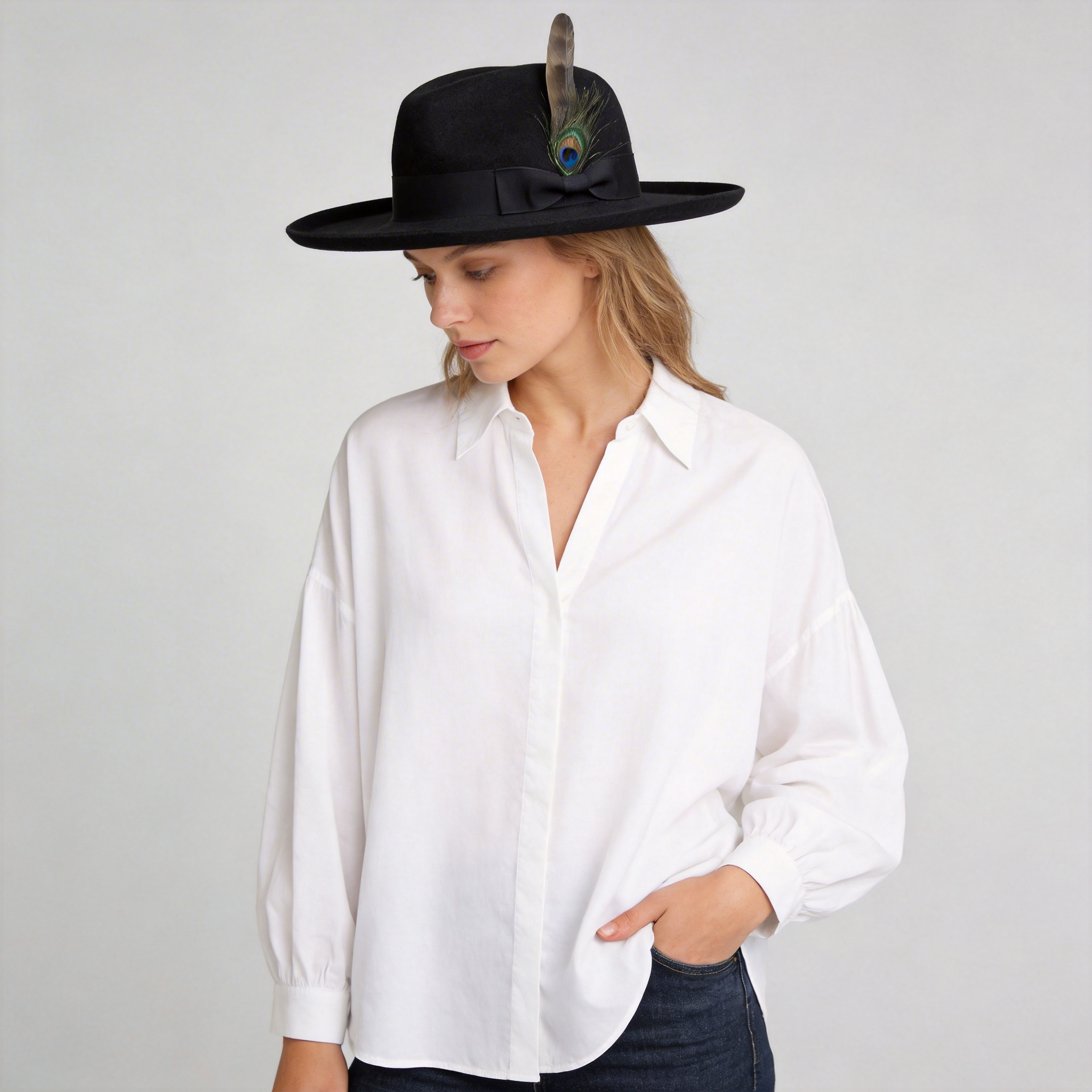 Women Black Felt Flat Brim Hat