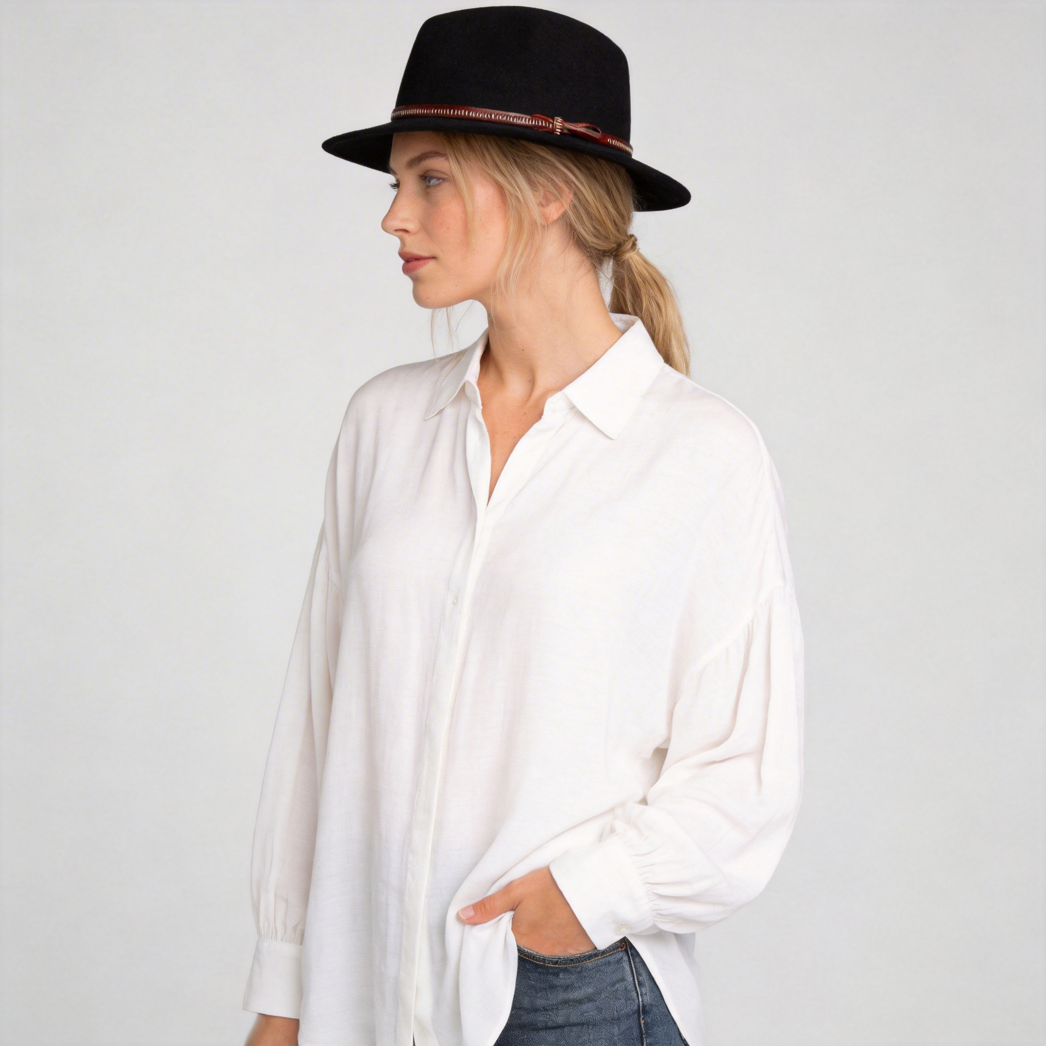 Women Classic Fedora Felt Hat With Leather Band
