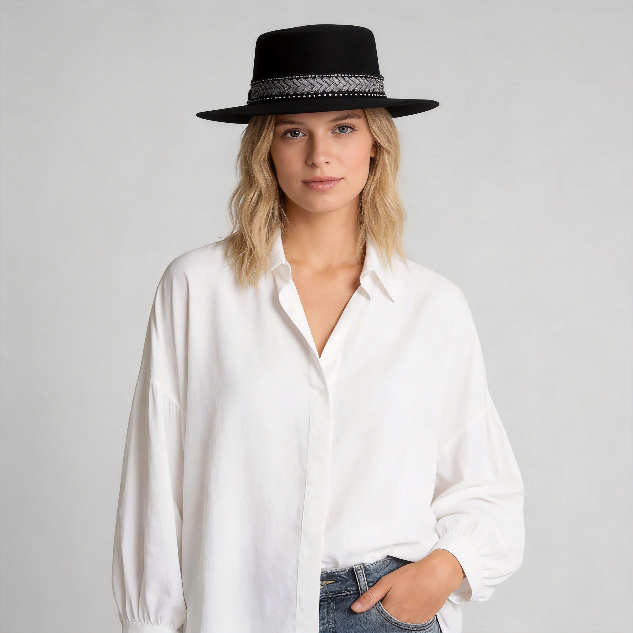 Women Artisan Black Gambler – Wide Flat Brim