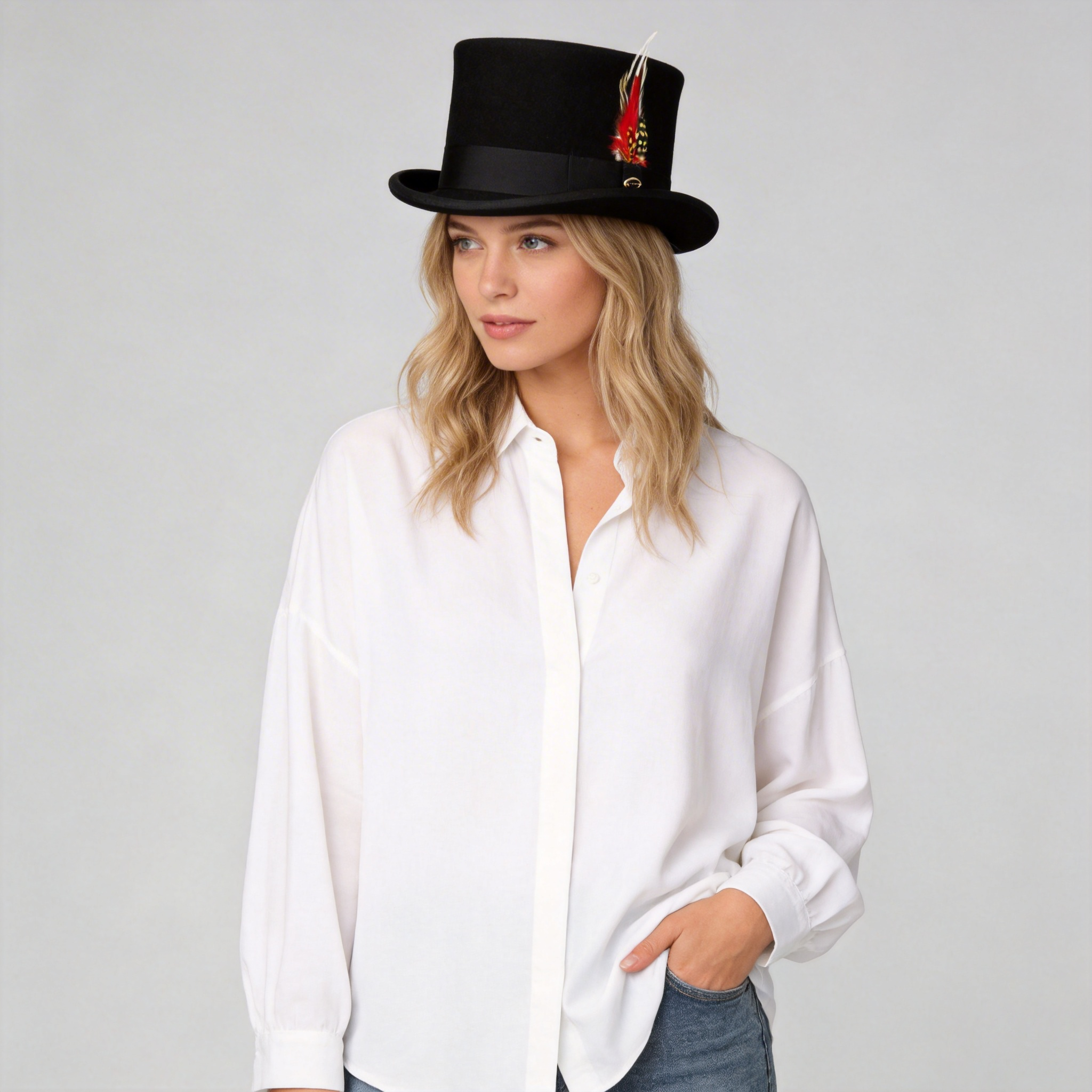 Women Feather Decorated Black Top Hat