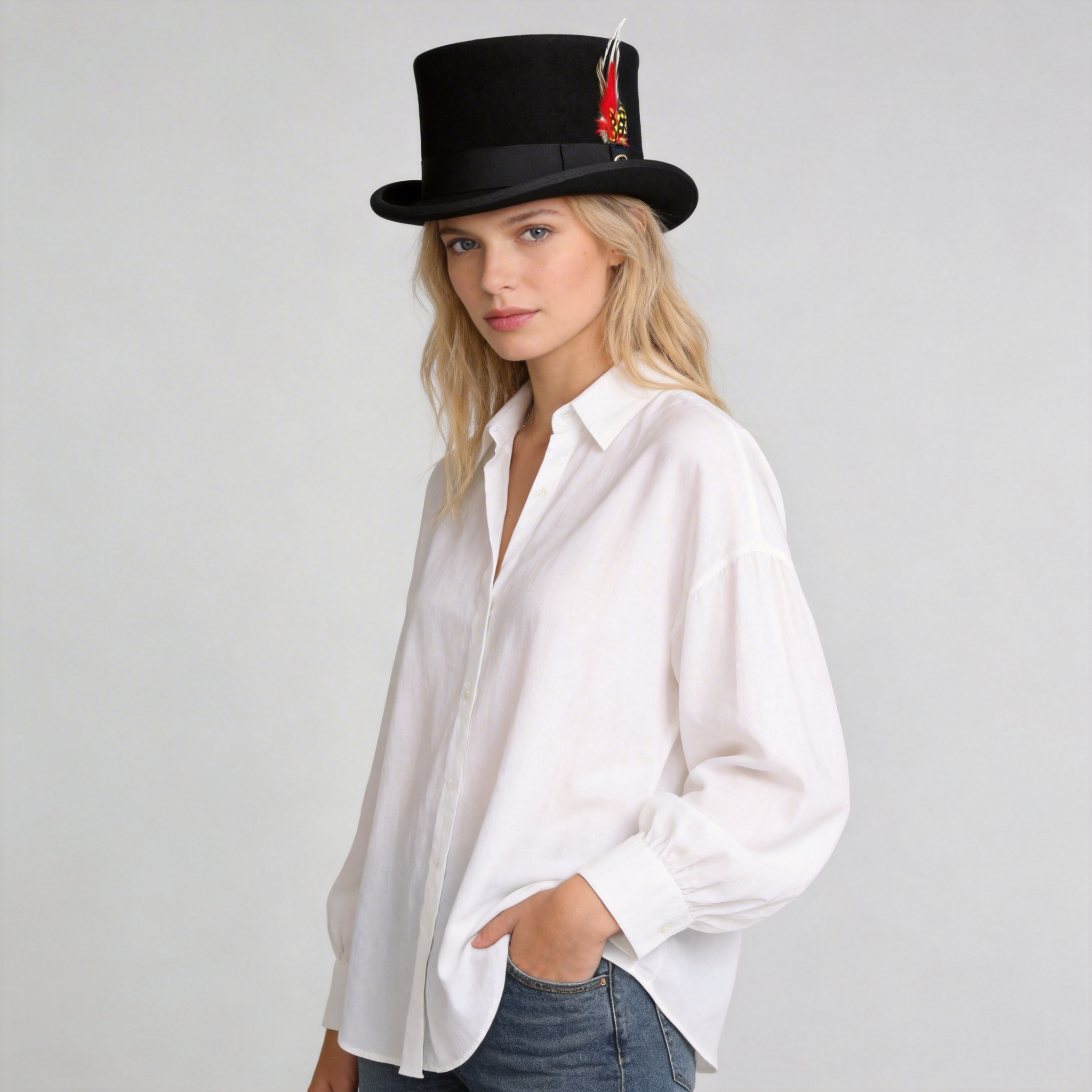 Women Feather Decorated Black Top Hat