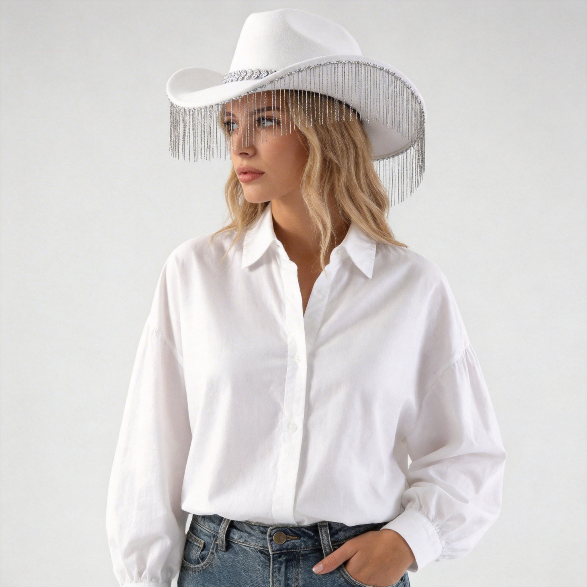 Adjustable Sparkling Cowboy Hat - White