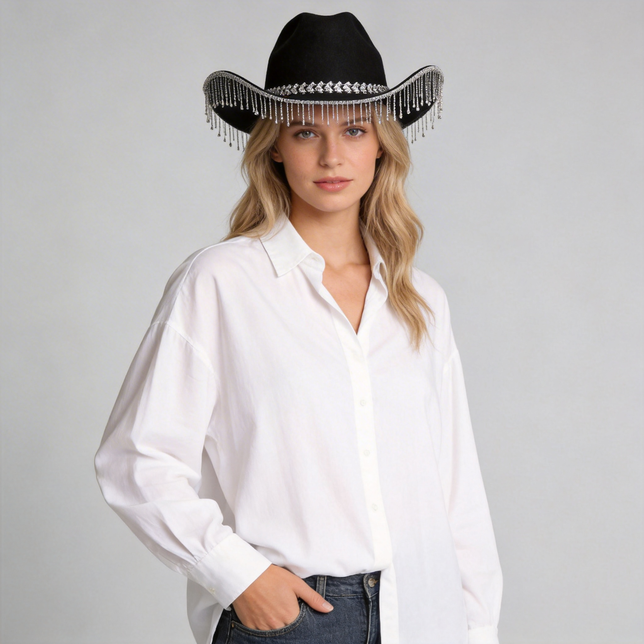 Adjustable Rhinestone Cowboy Hat with Tassels
