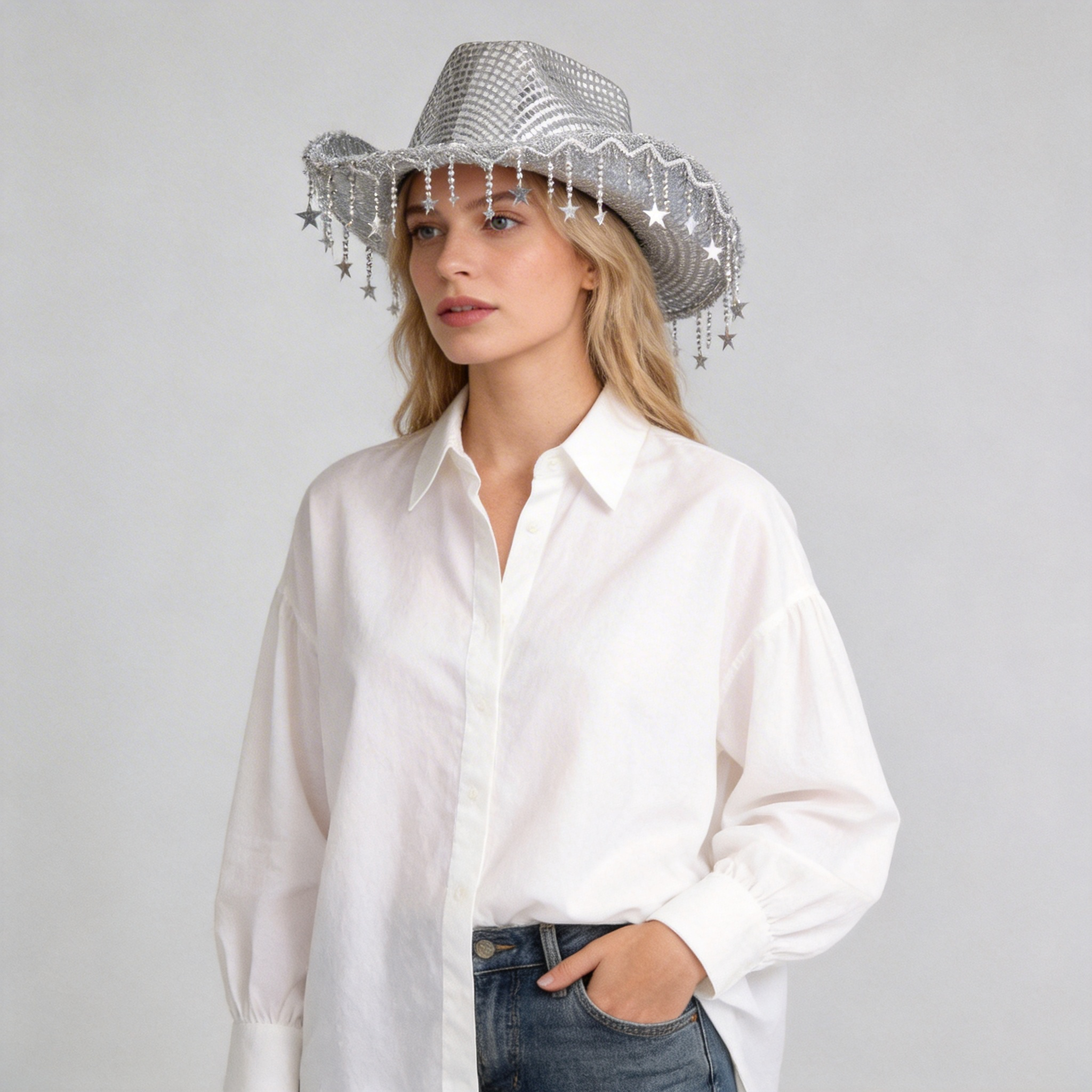 Adjustable Rhinestone Star Cowboy Hat with Tassels