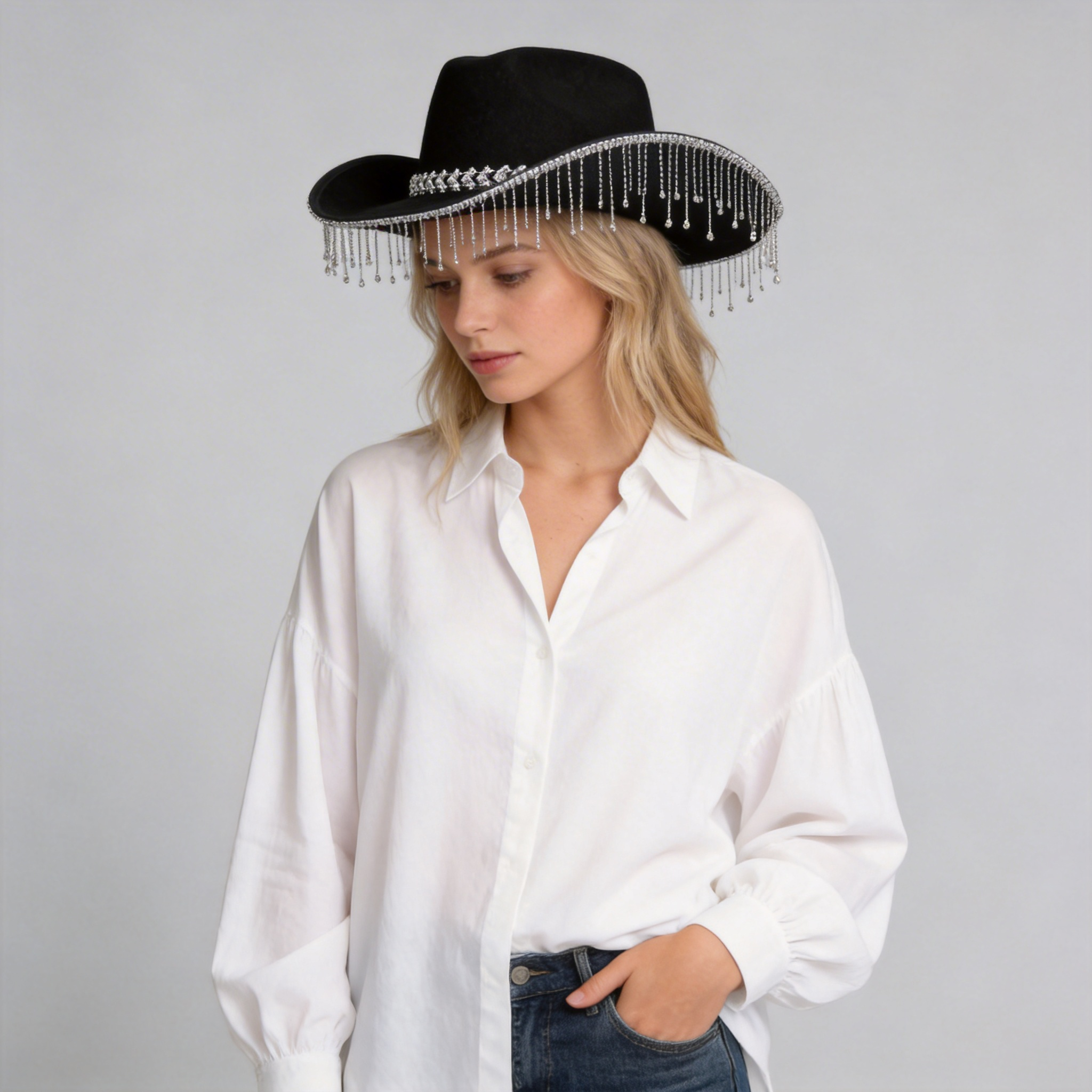 Adjustable Rhinestone Cowboy Hat with Tassels