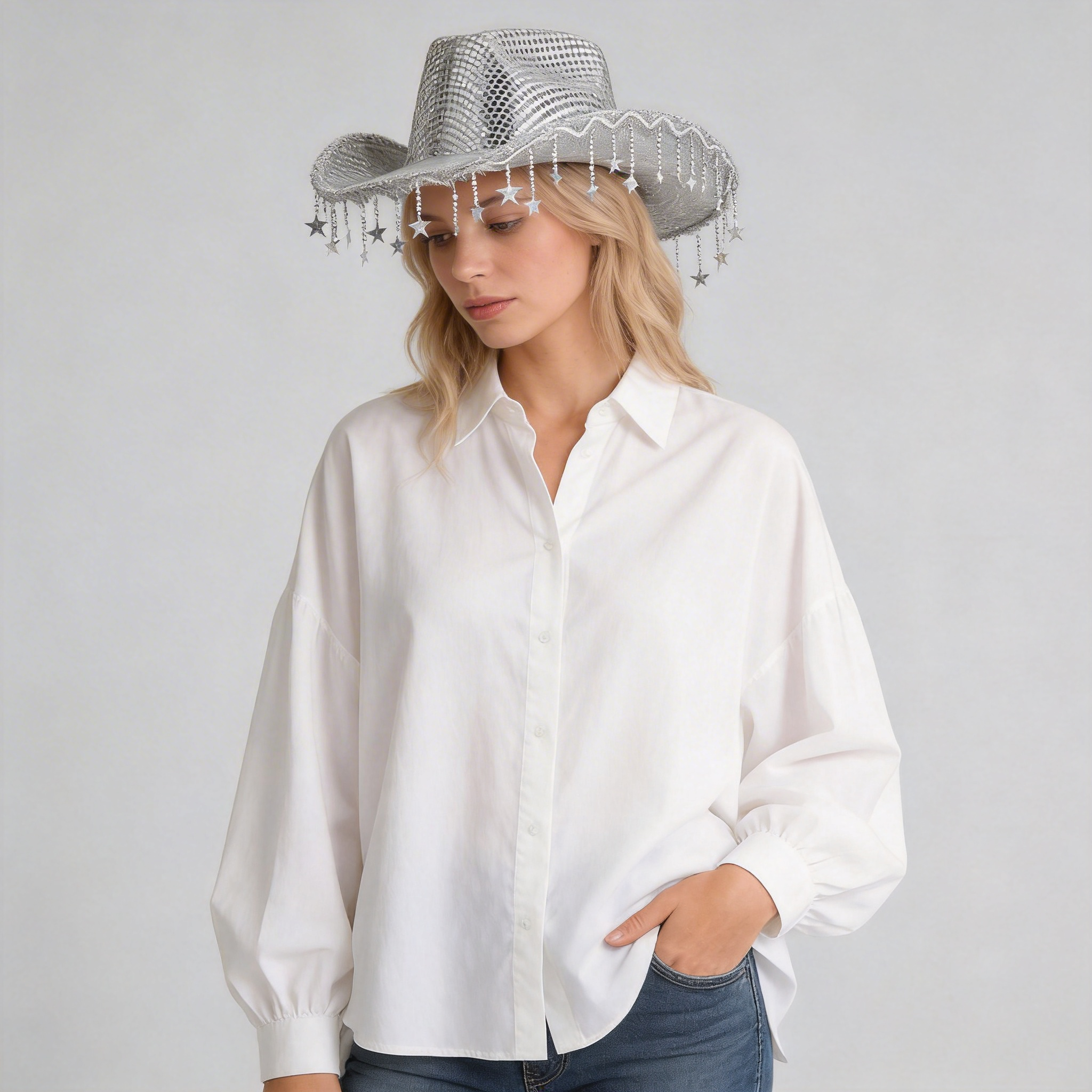 Adjustable Rhinestone Star Cowboy Hat with Tassels