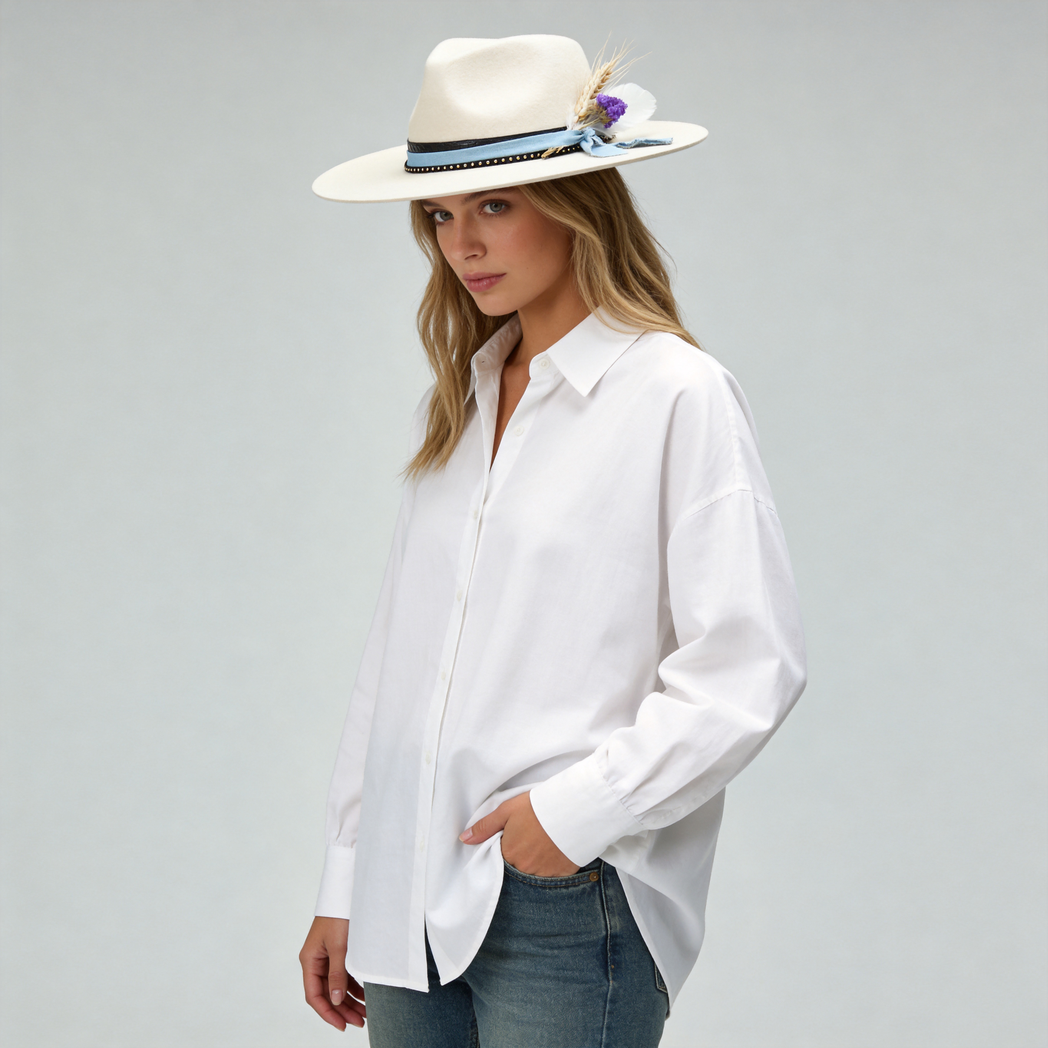 Off-White Straight Brim Felt Hat with Denim & Croc Band