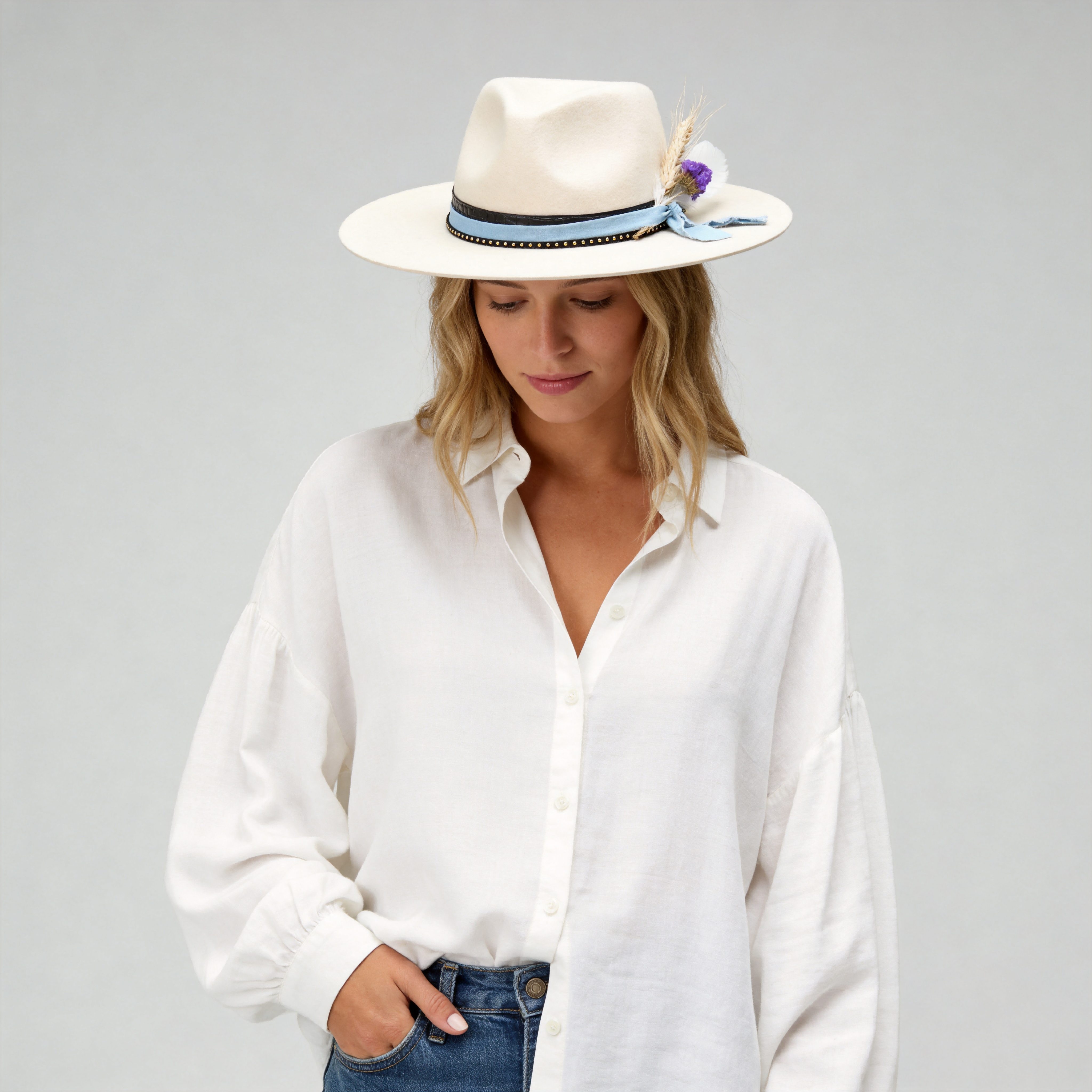 Off-White Straight Brim Felt Hat with Denim & Croc Band