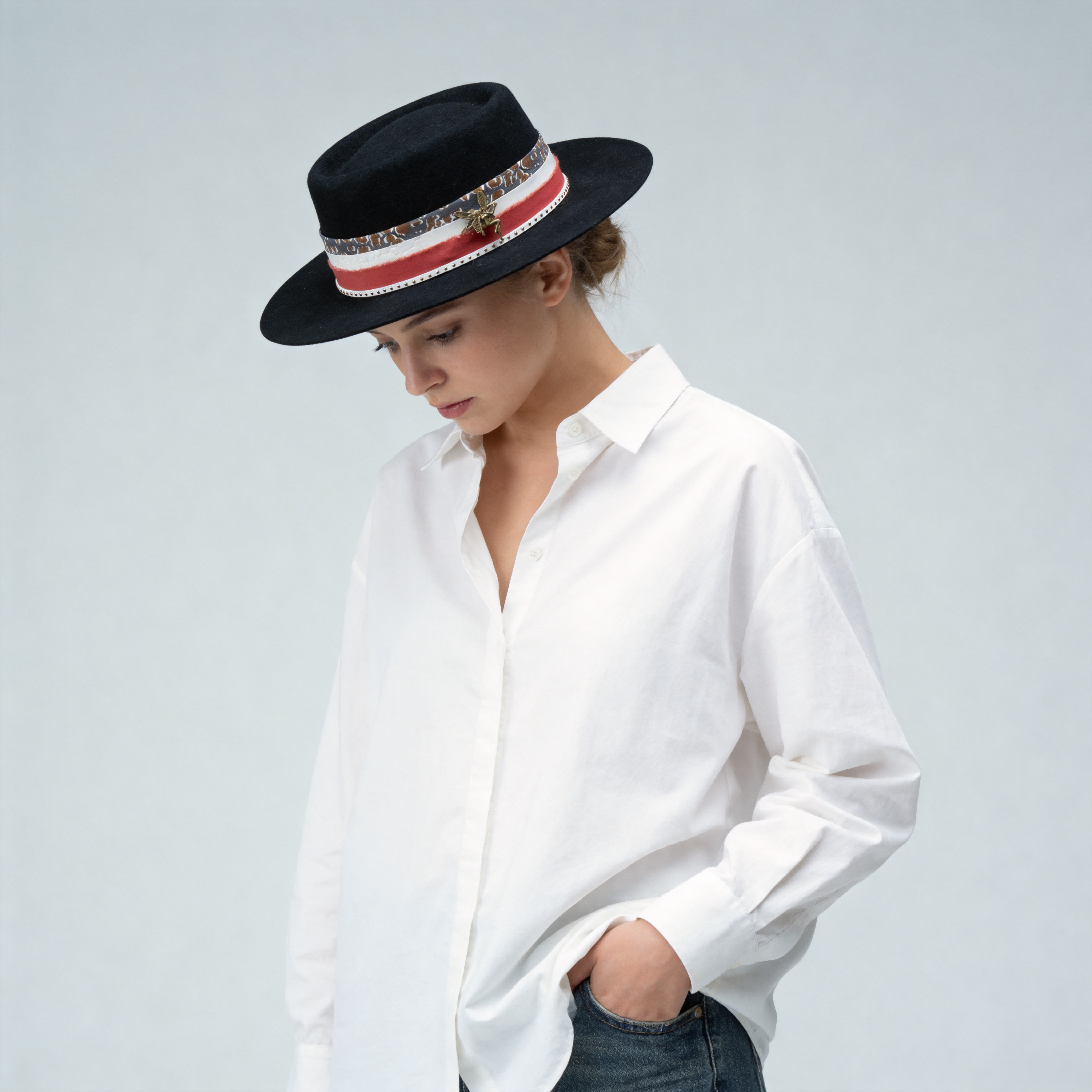 Edgy Black Hat: Custom Fabric, Metal Accent