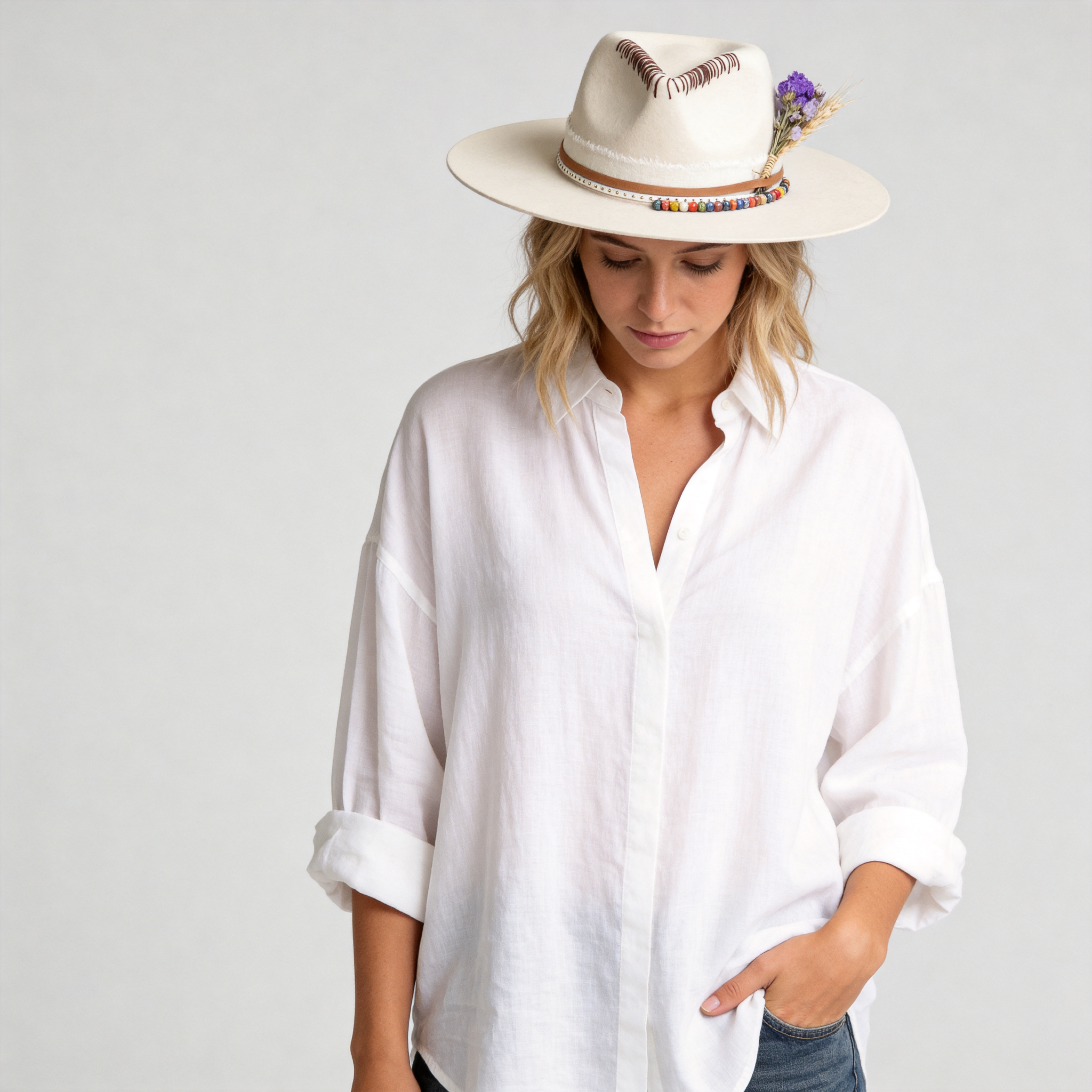 Cream Straight Brim Hat - Beaded Band & Stitching Detail