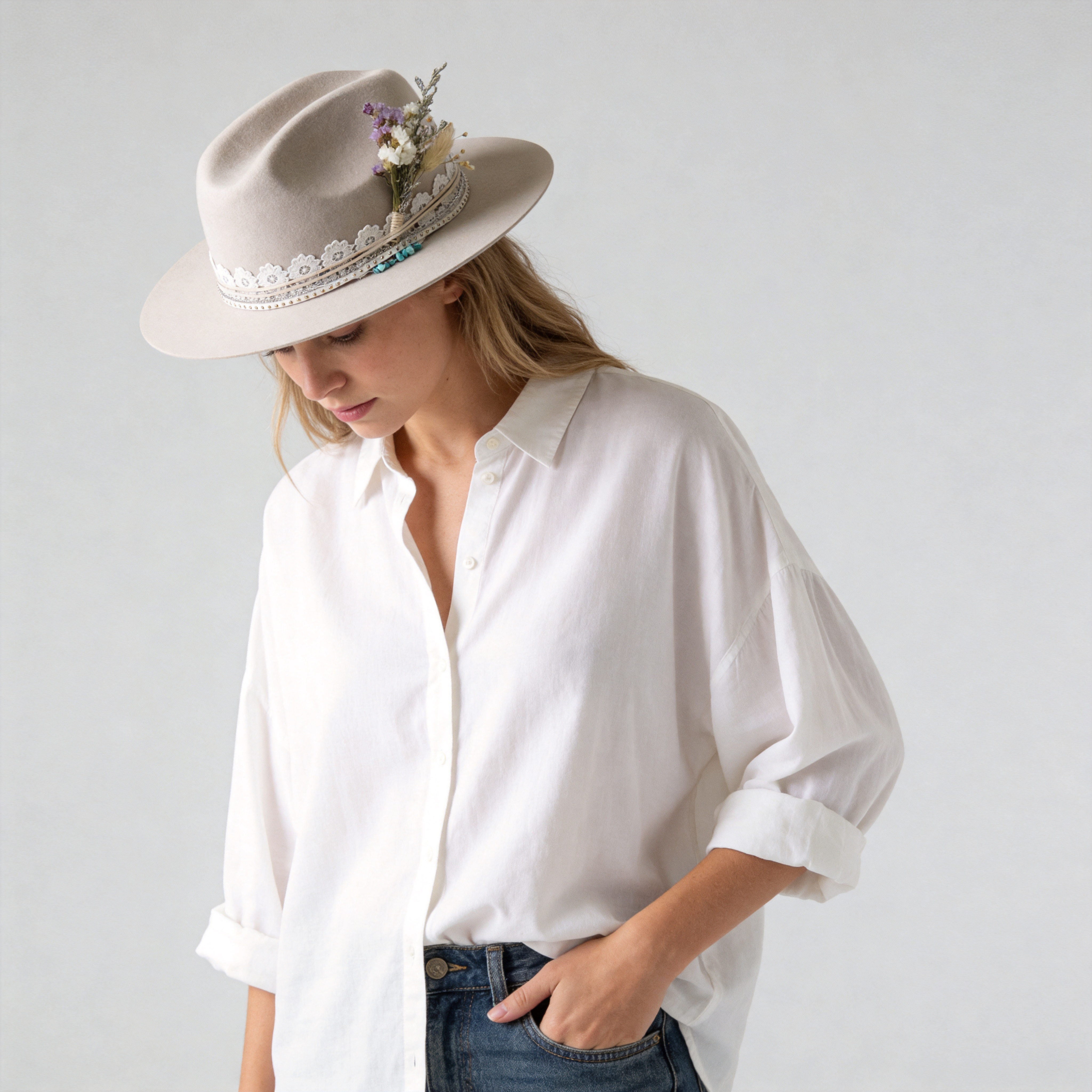 Cream Felt Hat - Turquoise & Lace Western Style