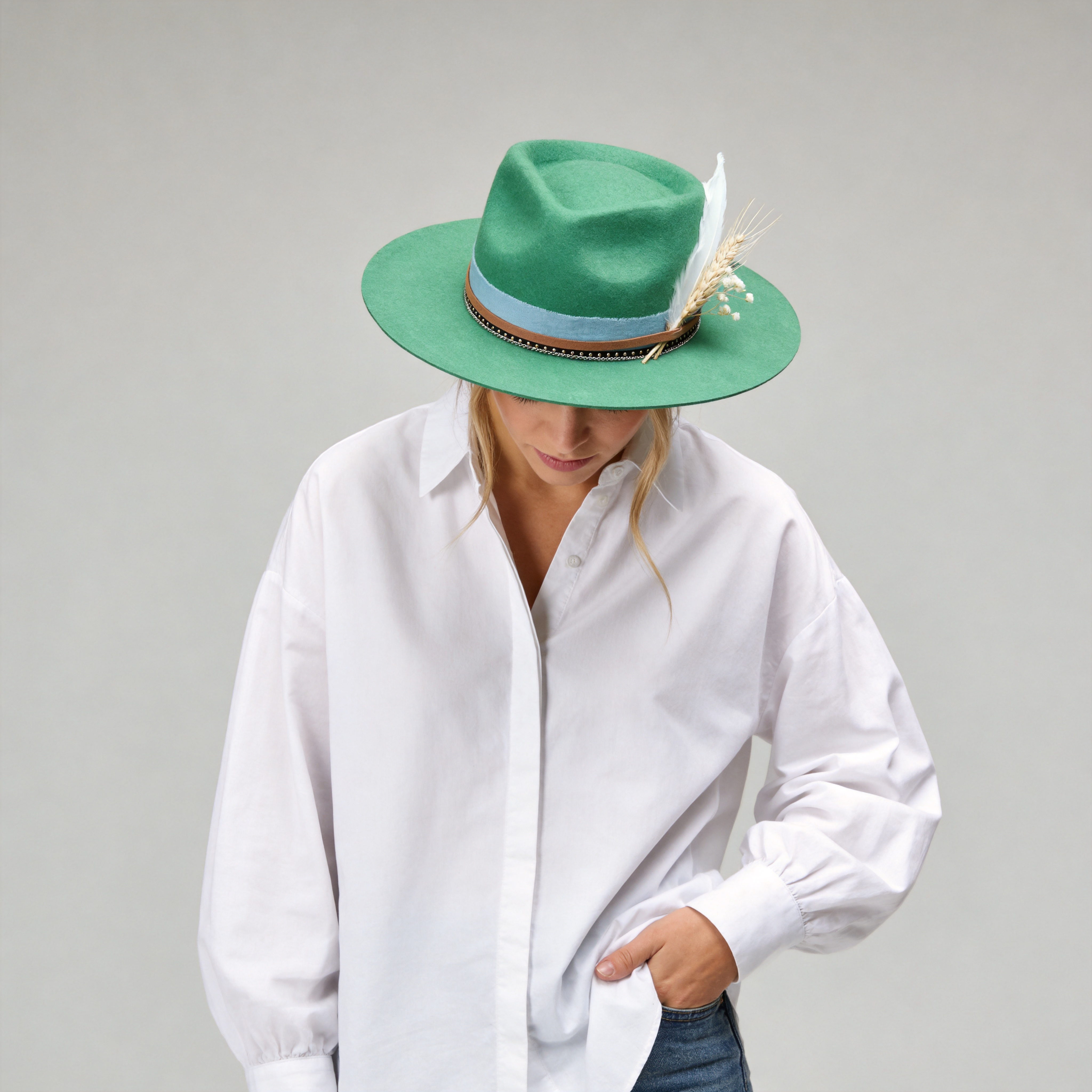 Green Straight Brim Felt Hat with Denim Band