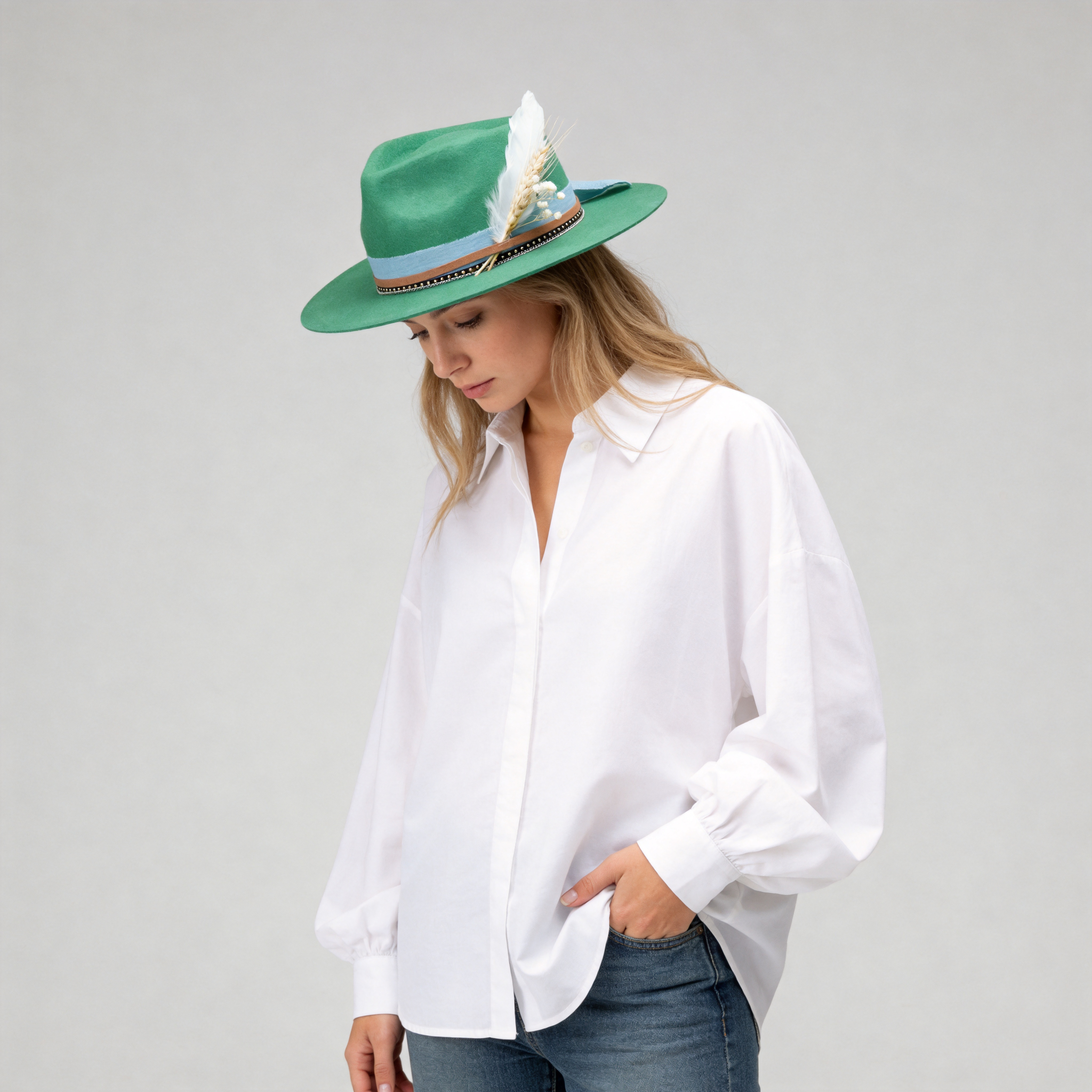 Green Straight Brim Felt Hat with Denim Band