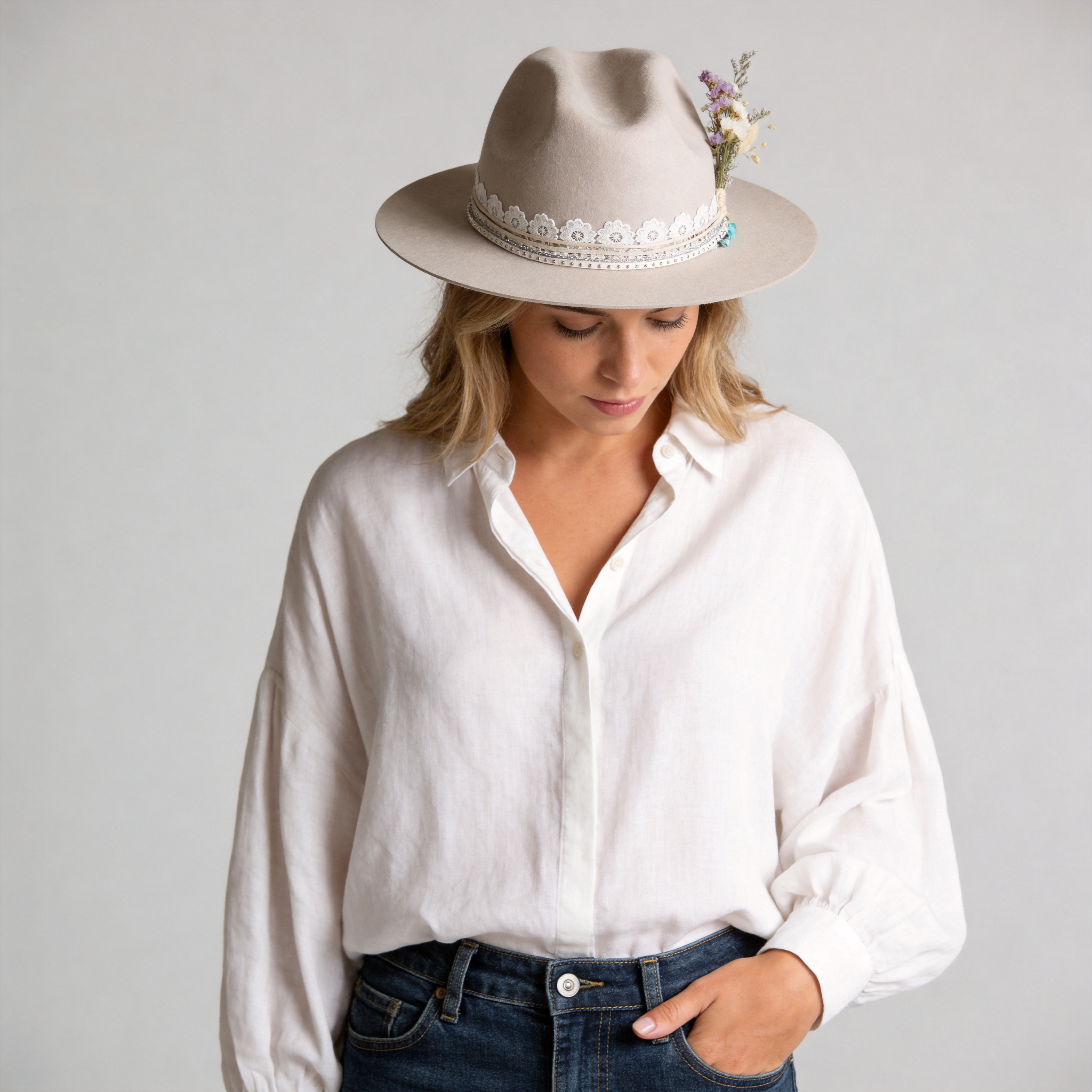 Cream Felt Hat - Turquoise & Lace Western Style
