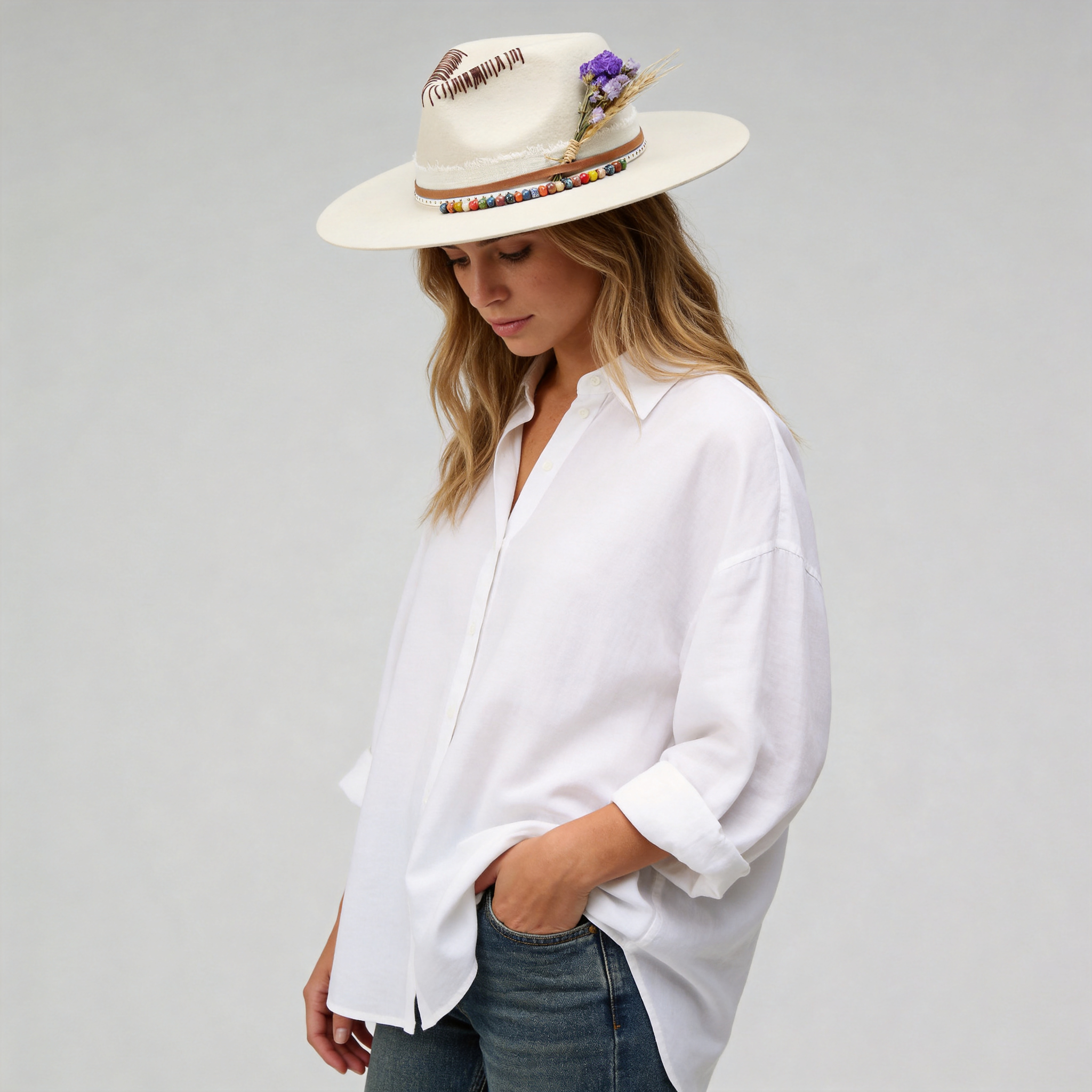 Cream Straight Brim Hat - Beaded Band & Stitching Detail