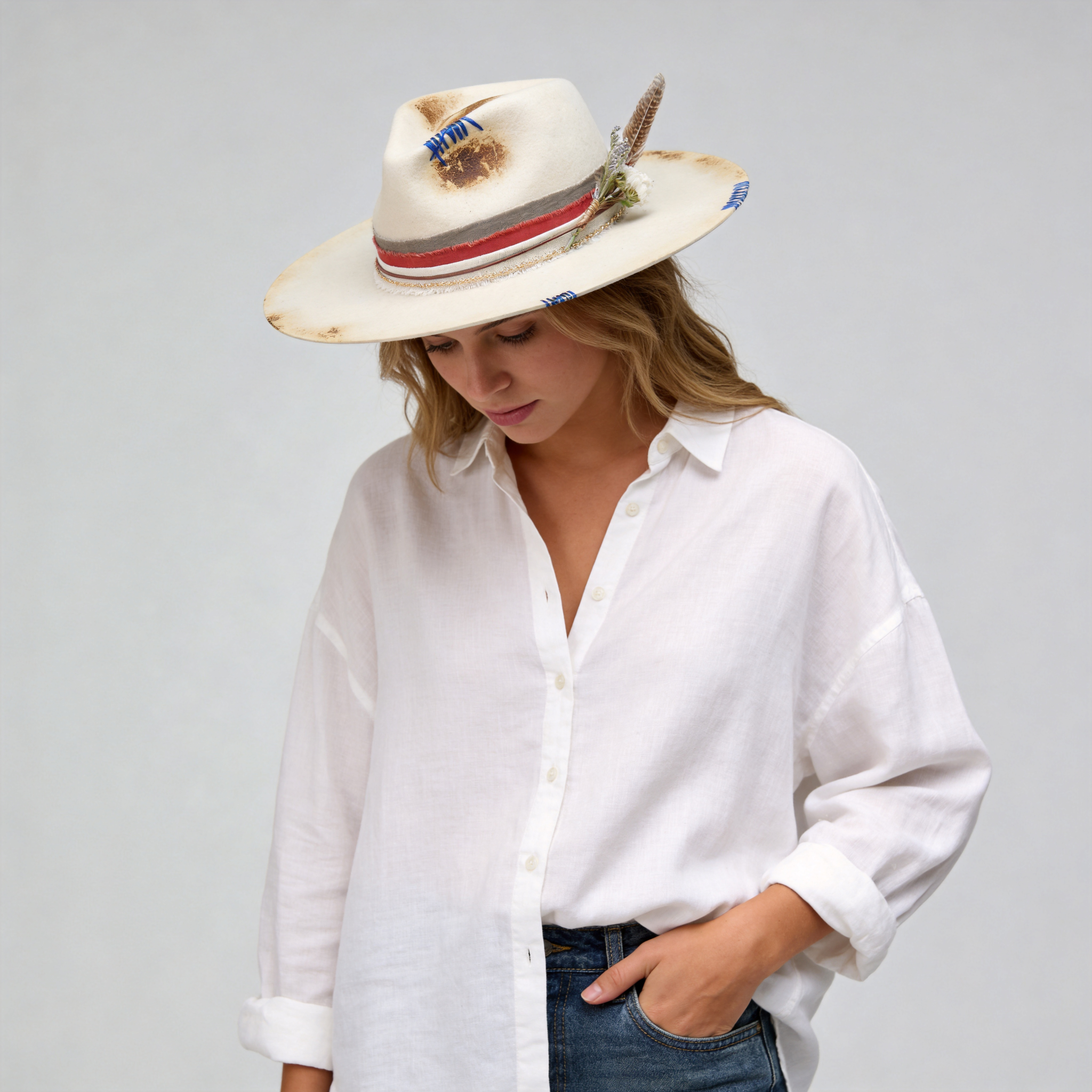 Teardrop Fedora - Cream with Burned Edge & Stitching