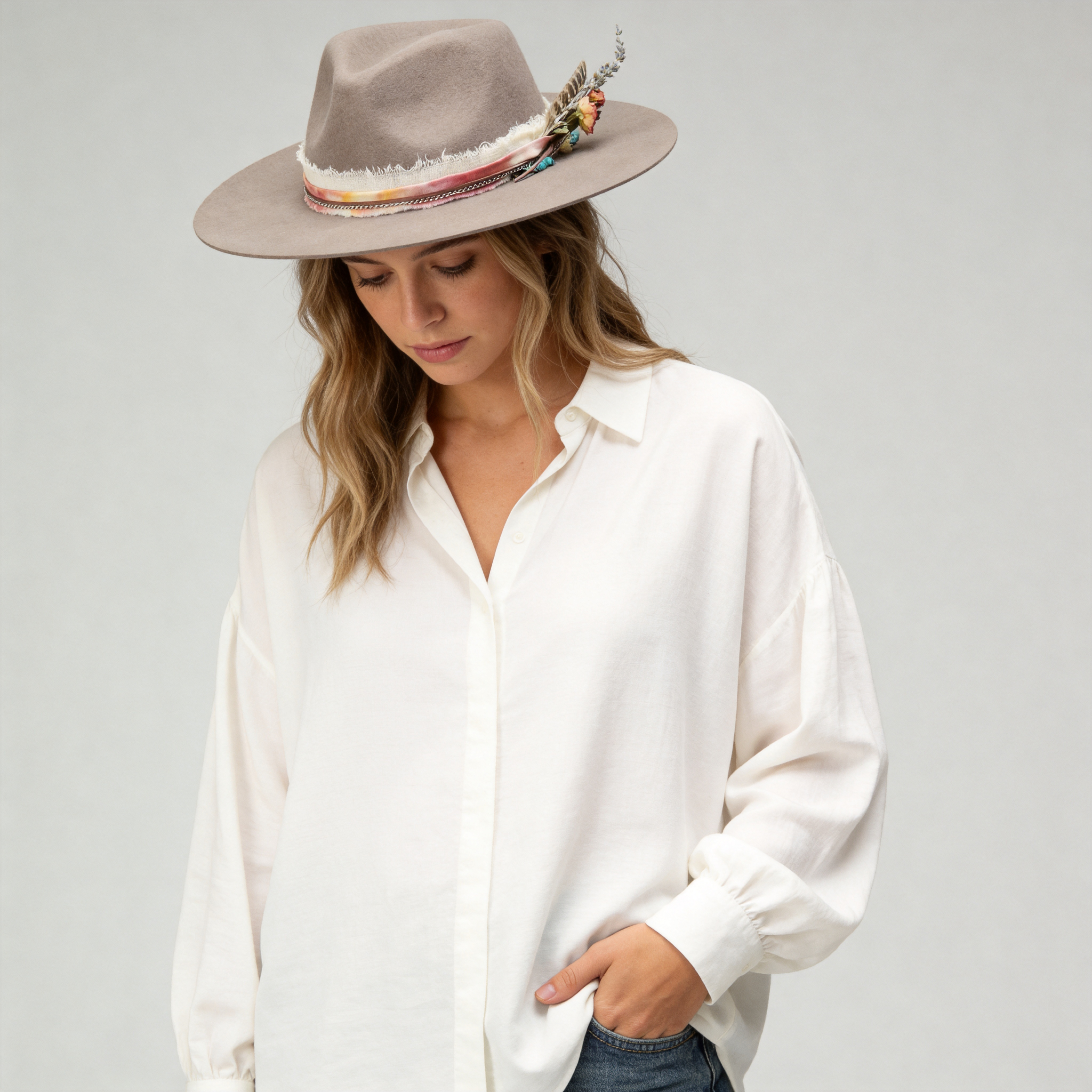 Camel Felt Hat - Silver Chain & Natural Feather Detail