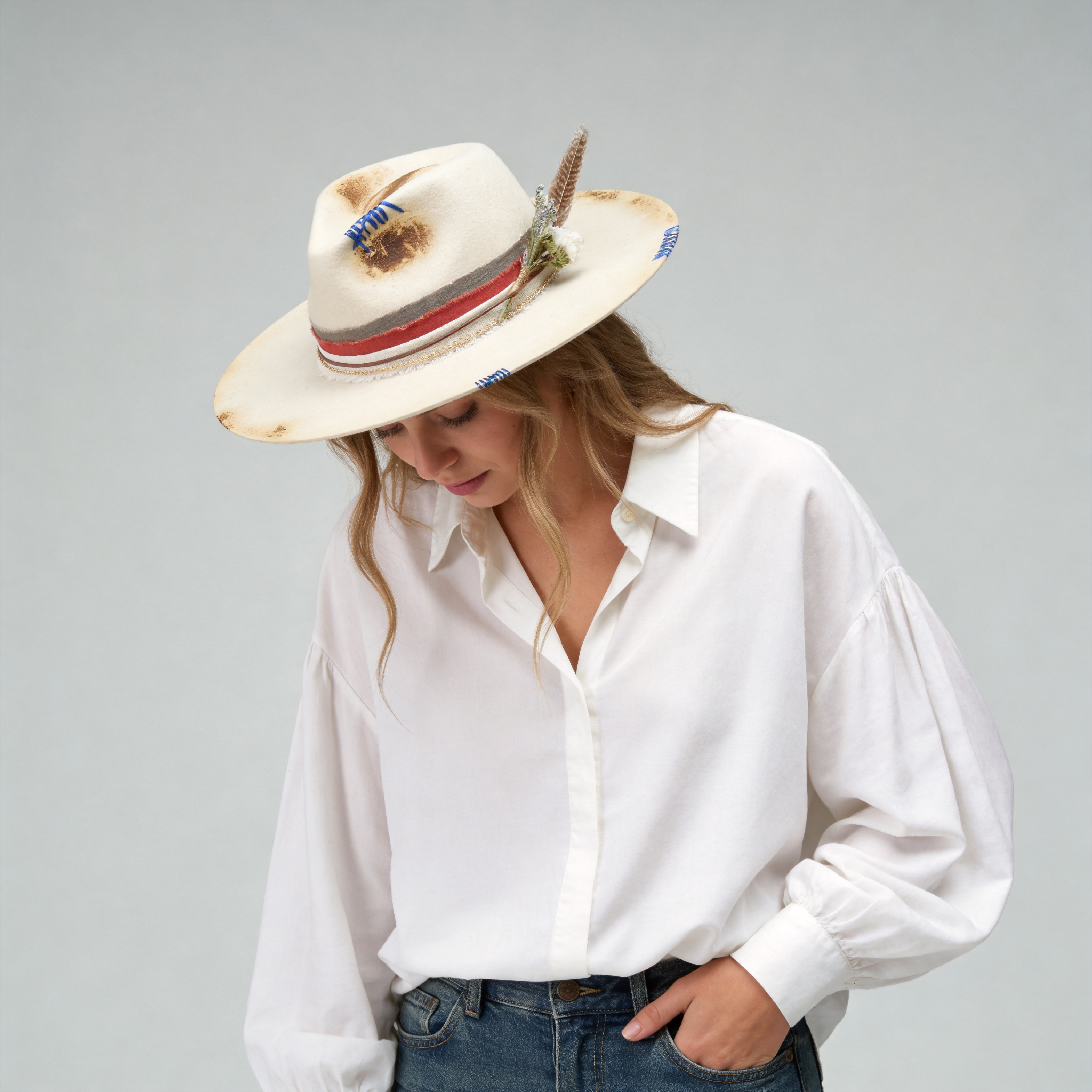 Teardrop Fedora - Cream with Burned Edge & Stitching