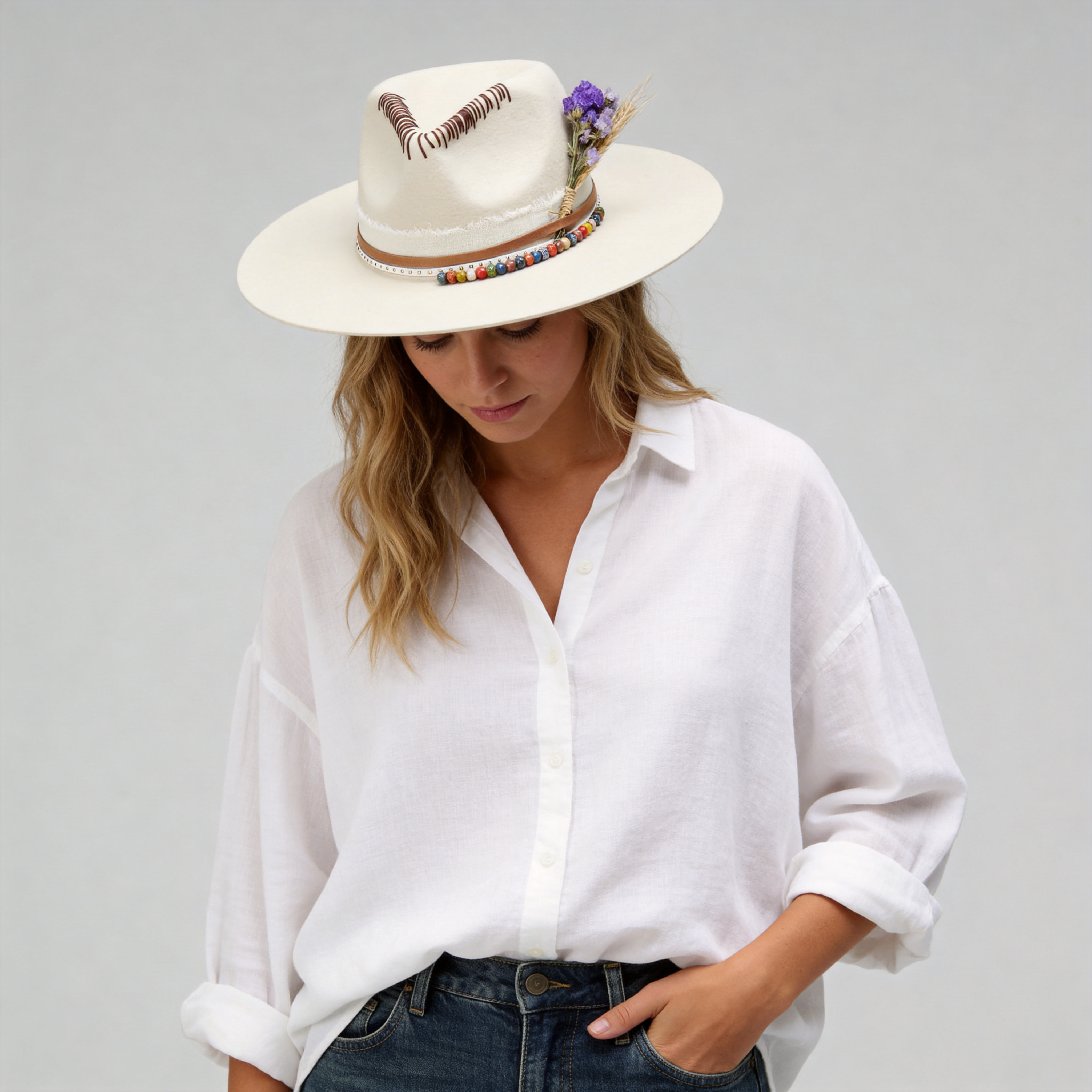 Cream Straight Brim Hat - Beaded Band & Stitching Detail