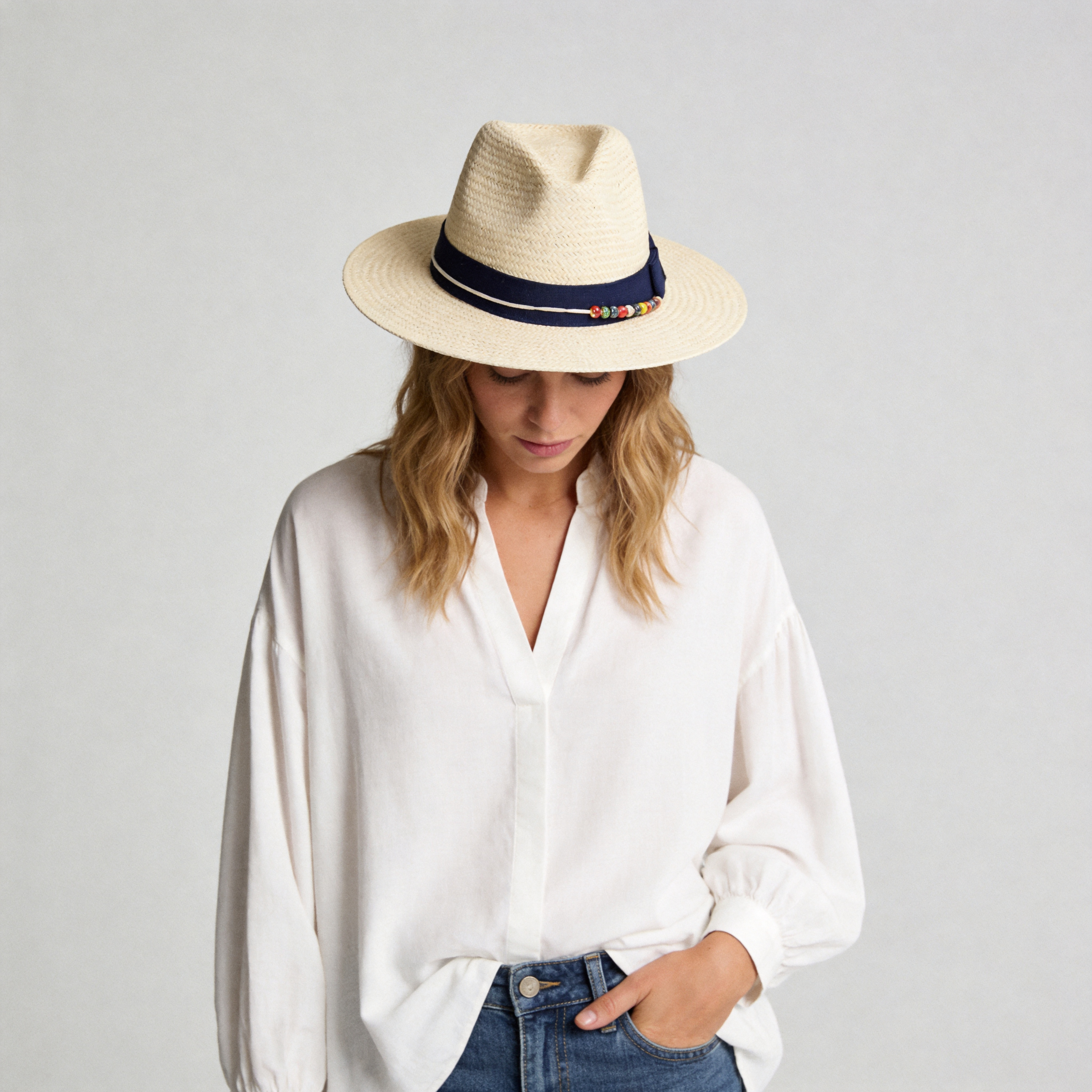 Beige Straw Hat with Dark Blue Wide Band & Colorful Beads