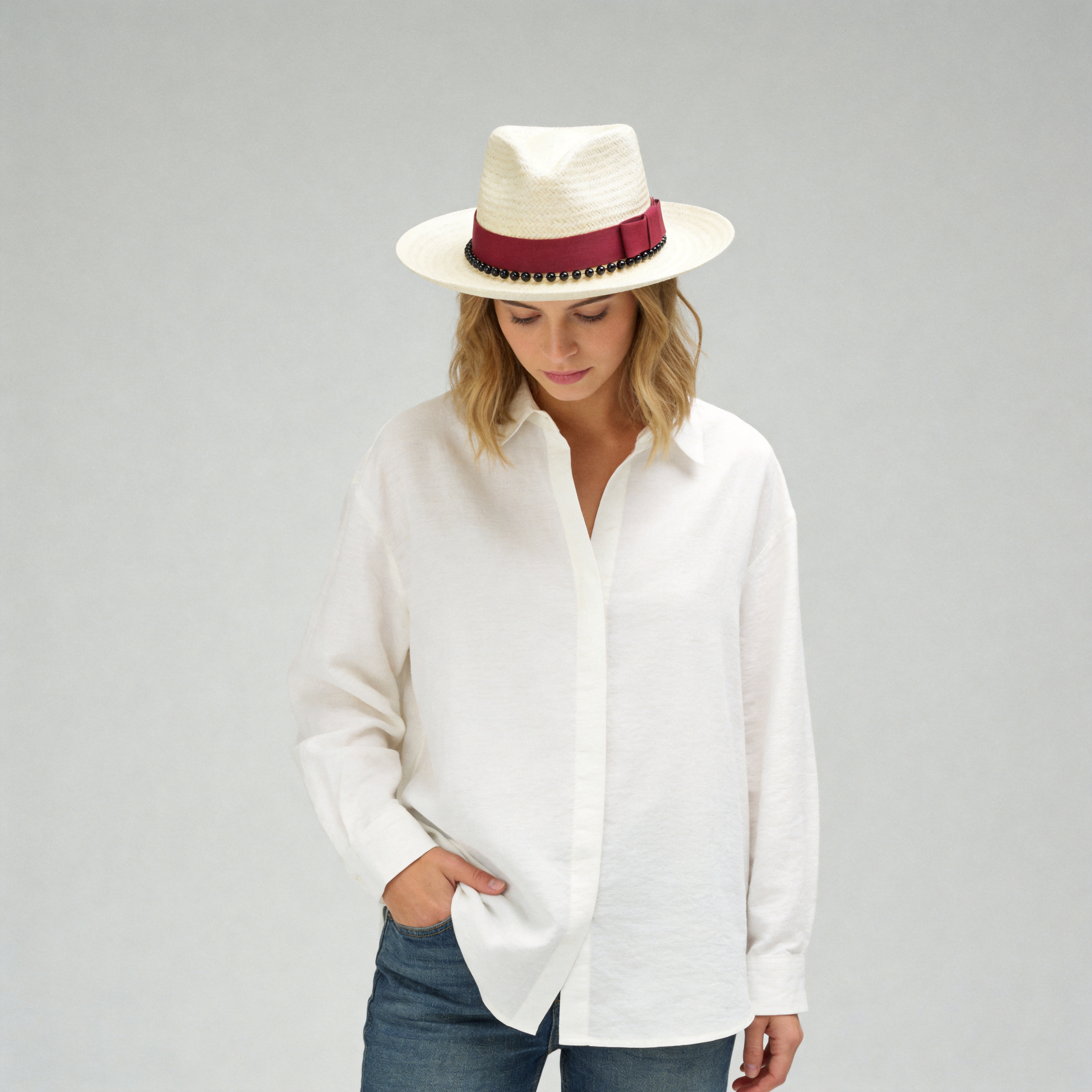 Beige Straw Hat with Dark Red Wide Band & Black Beads