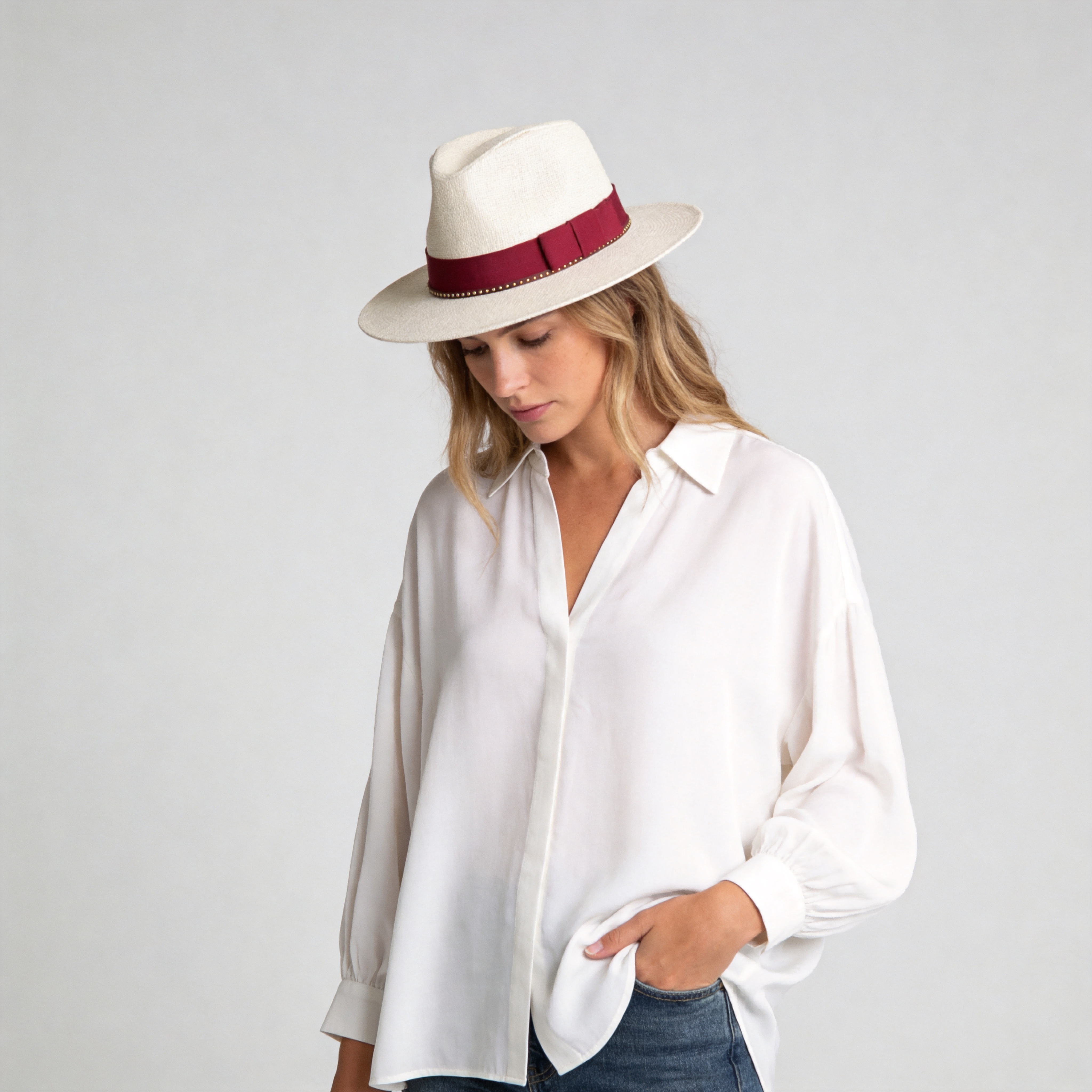 Beige Straw Hat with Dark Red Wide Band & Thin Cord
