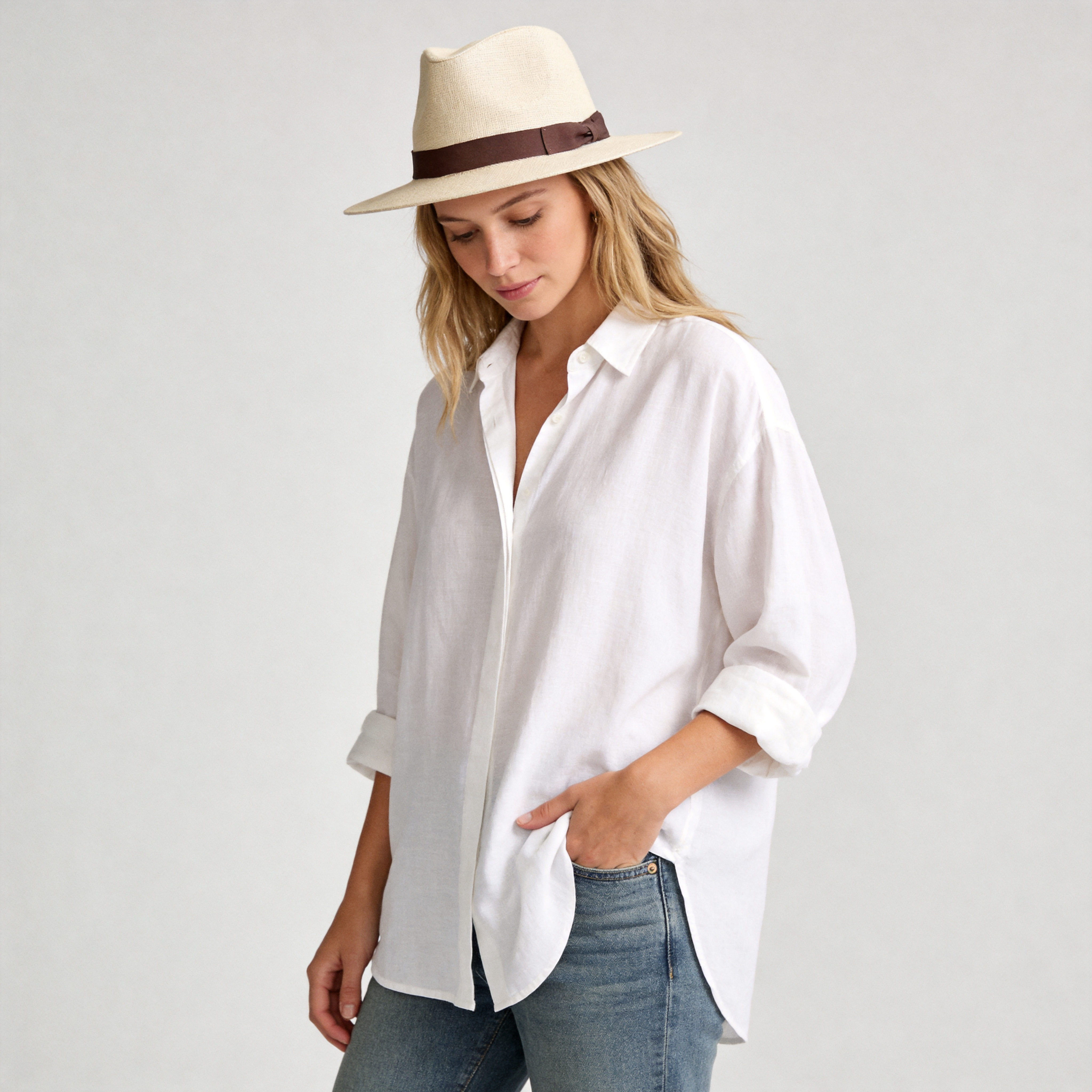 Off-White Straw Hat with Simple Brown Bow Band