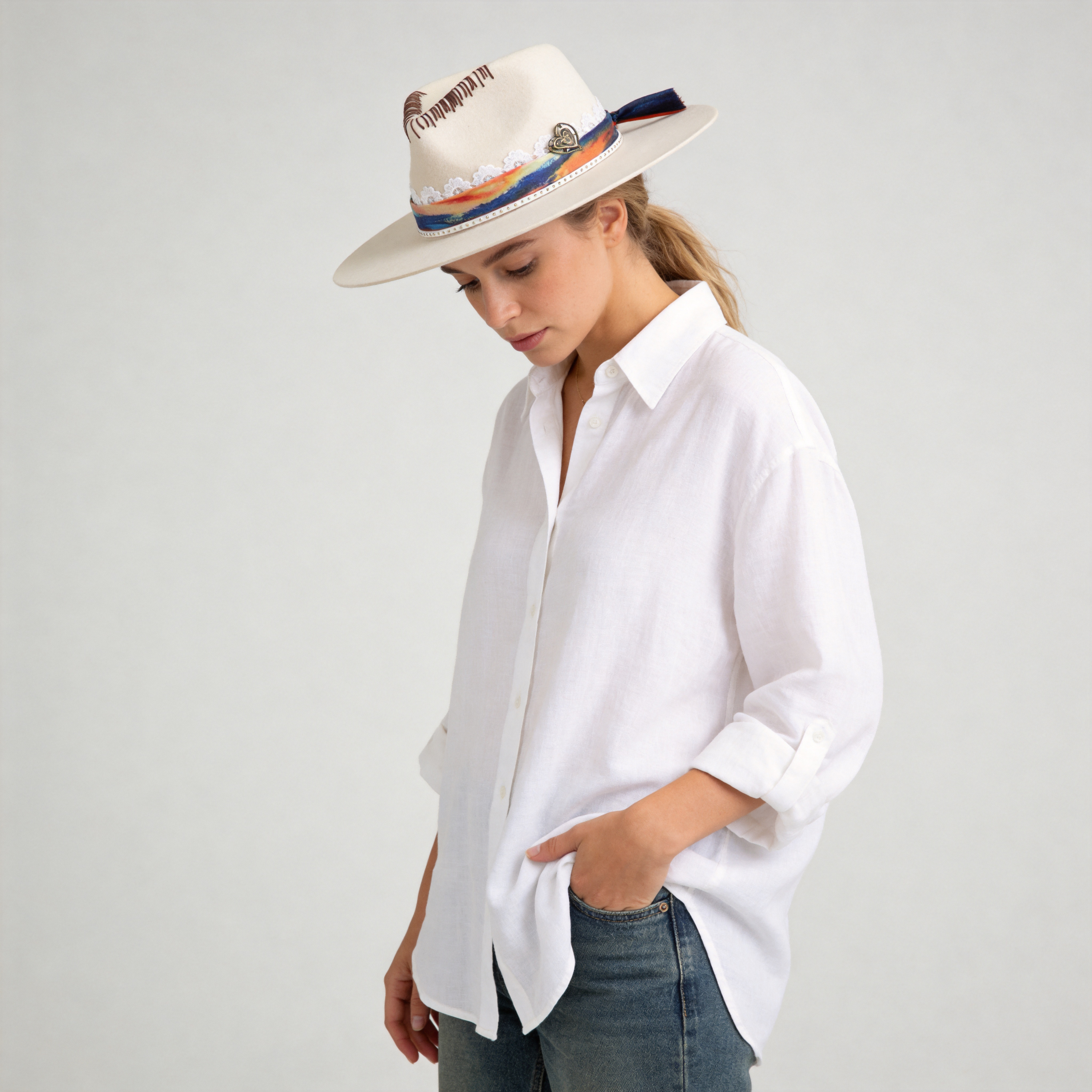 Off-White Felt Hat - Stitched Crown with Lace & Coppery Accent