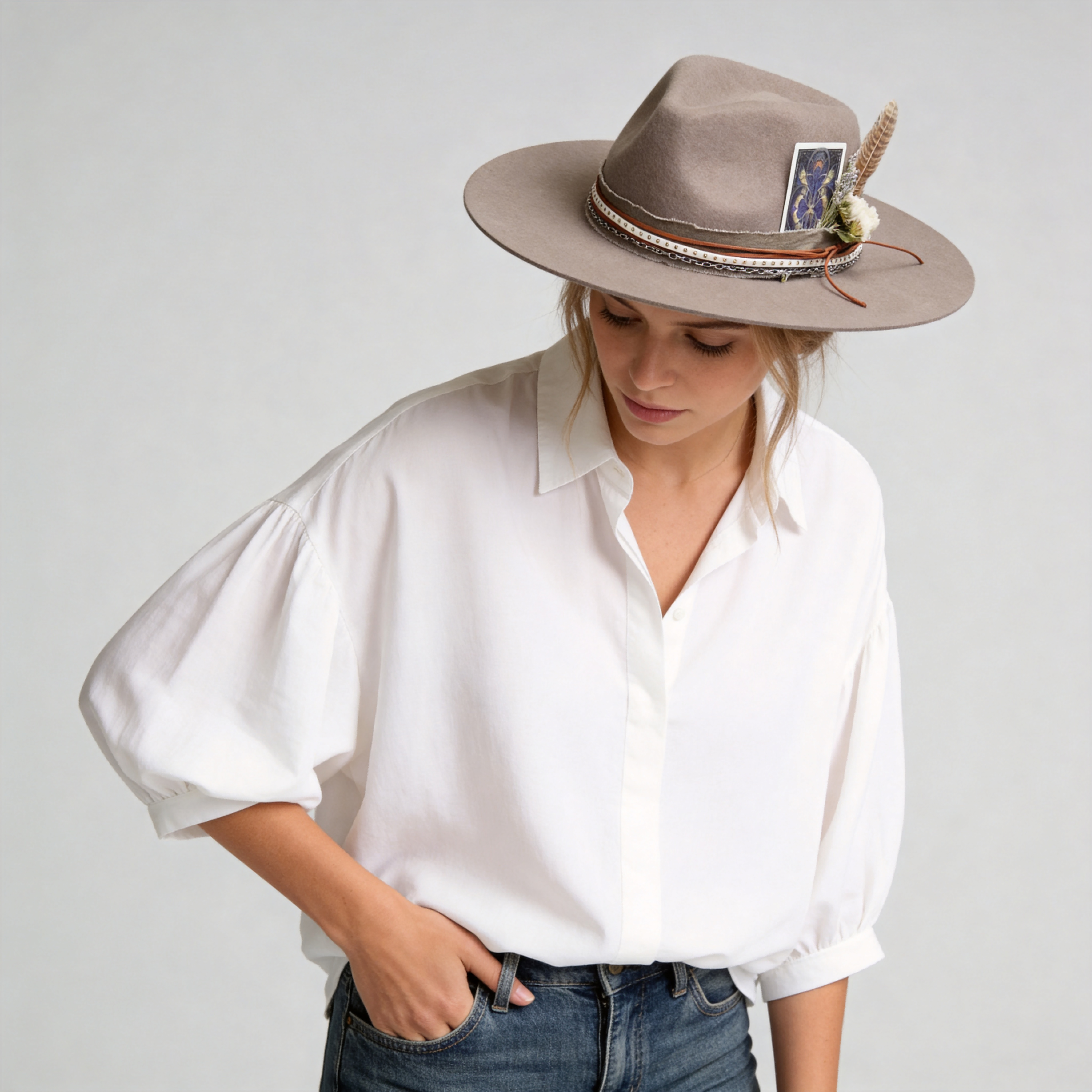 Camel Felt Fedora with Card & Feather Bouquet