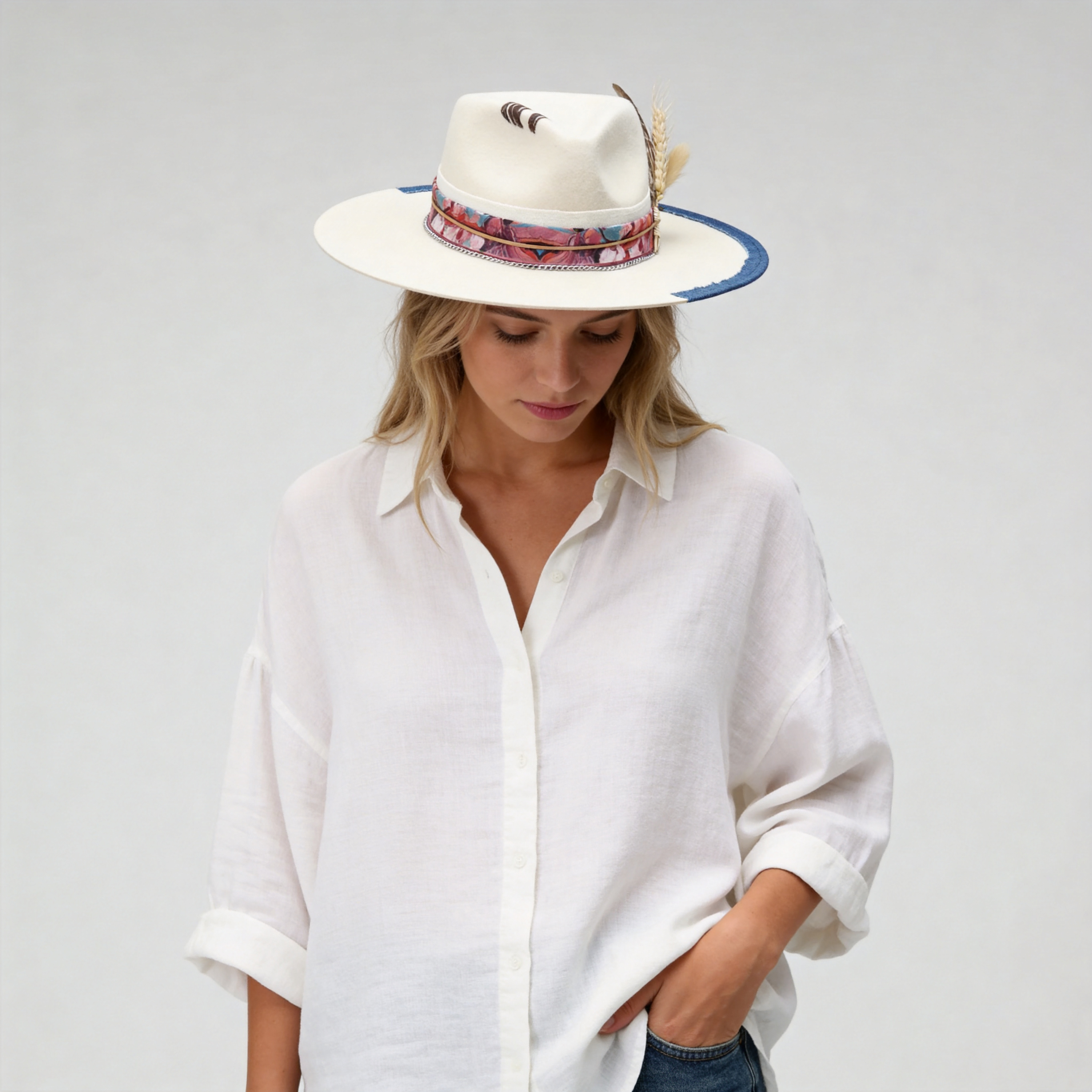 Stitched Teardrop Fedora - Off-White with Dried Flower Bouquet