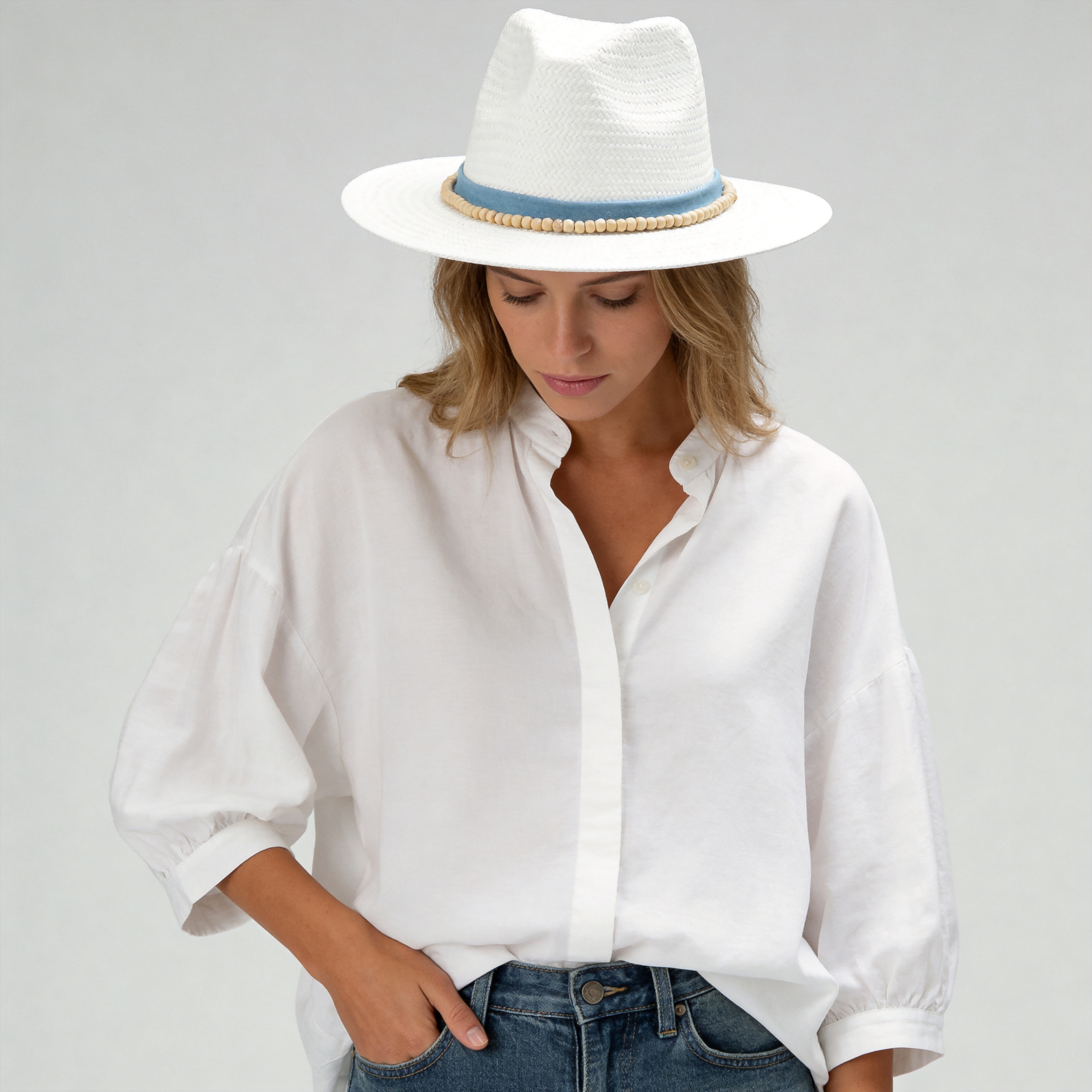 White Straw Hat with Light Blue Band & Wooden Beads