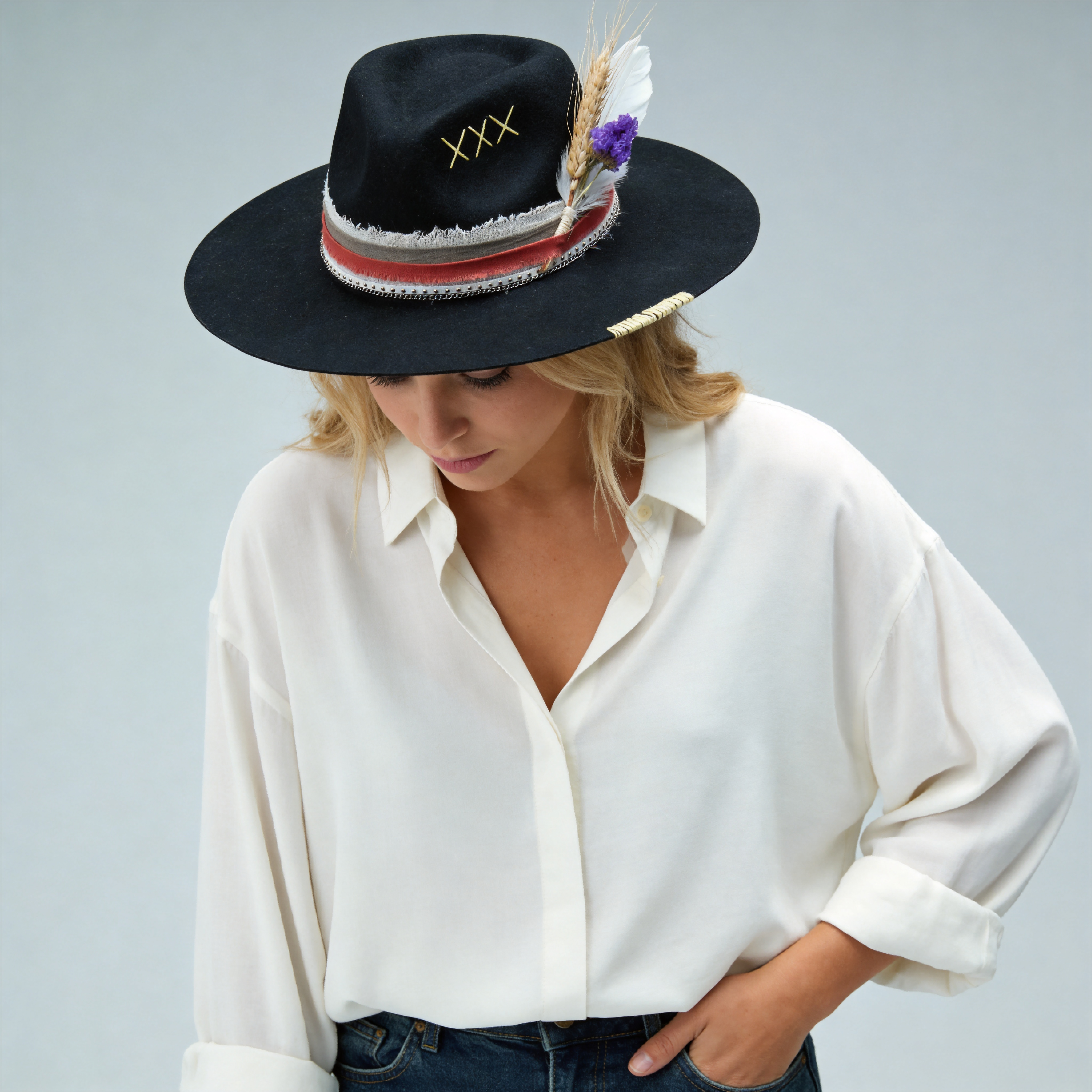 Black Felt Hat with Stitched Crown & Silver Chain Detail
