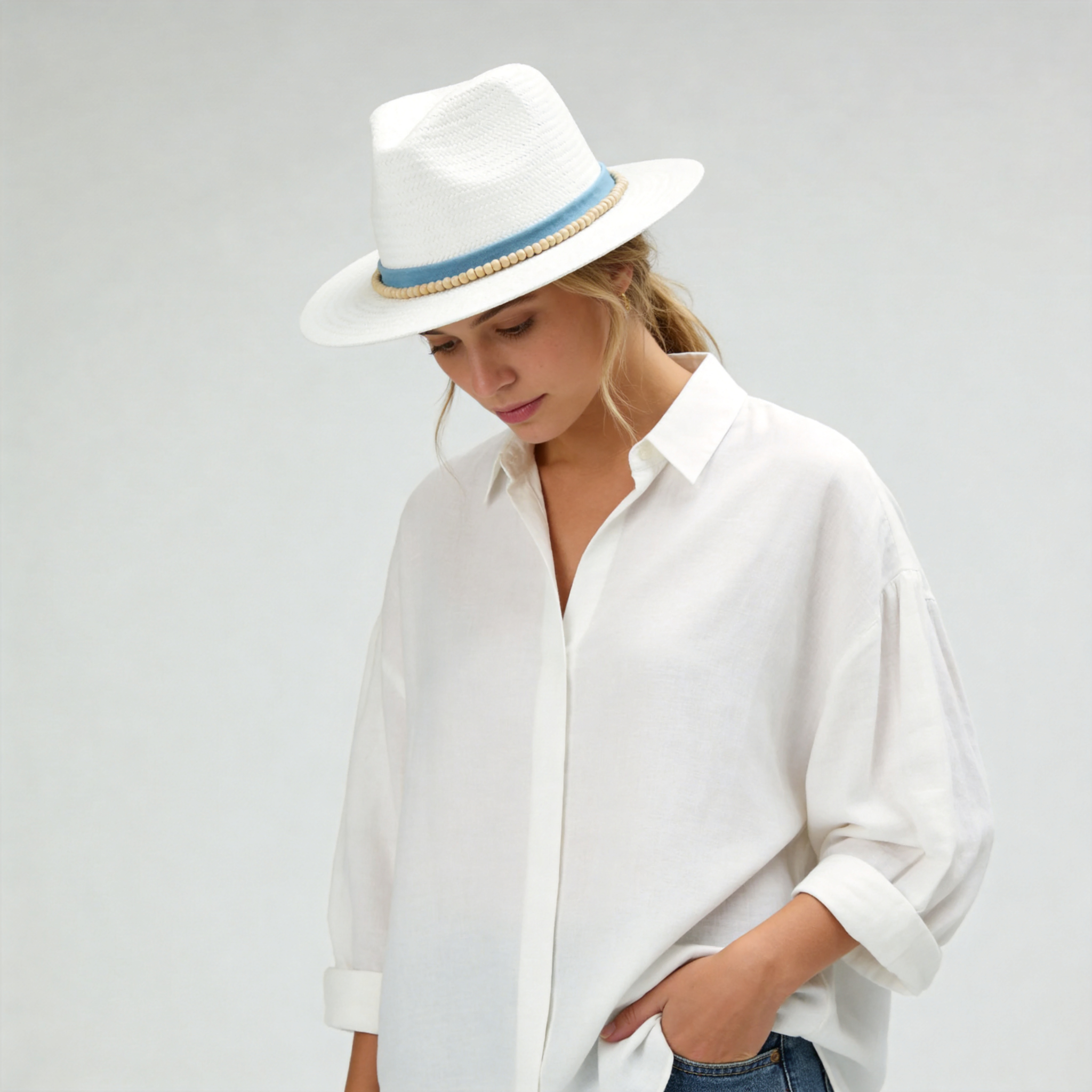 White Straw Hat with Light Blue Band & Wooden Beads