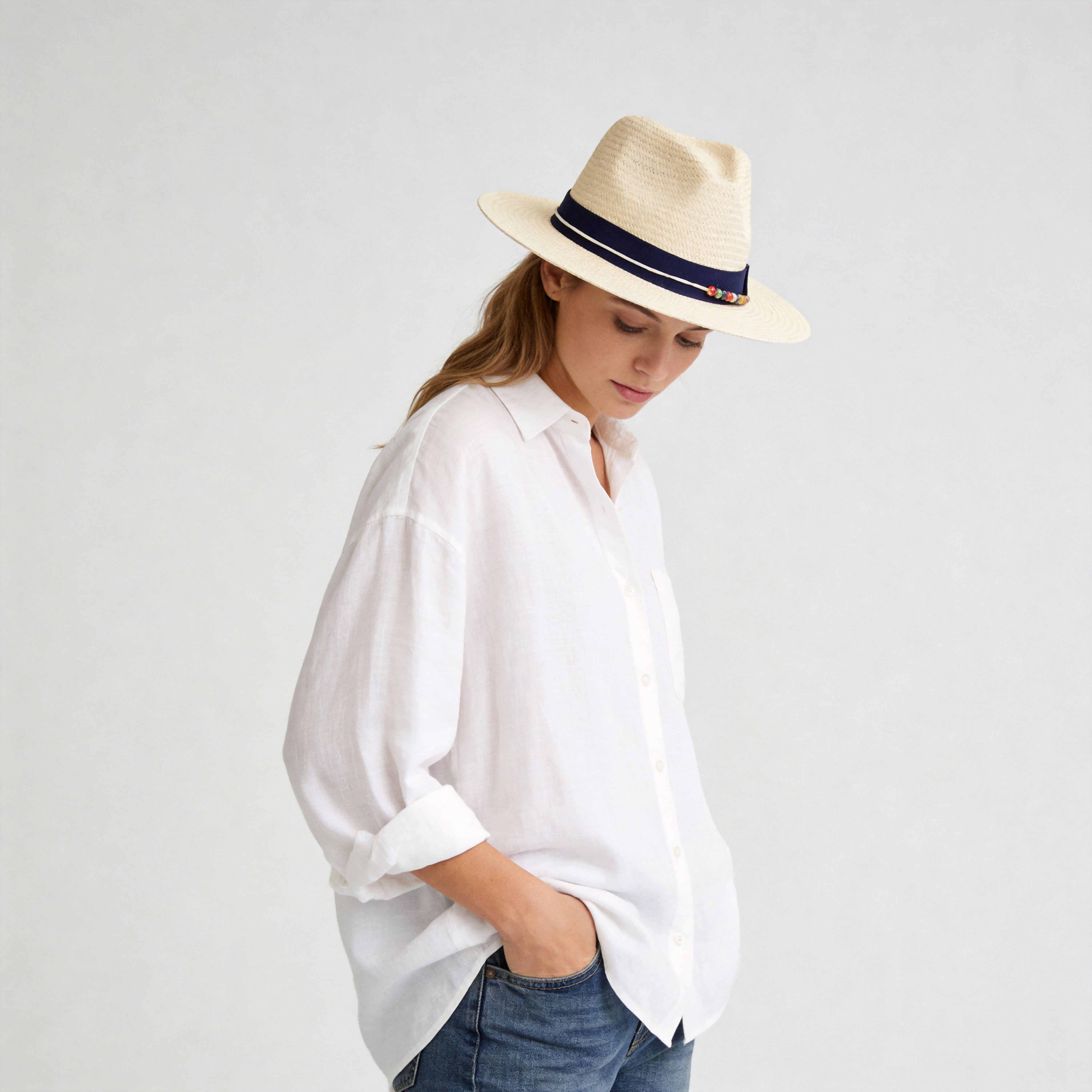 Beige Straw Hat with Dark Blue Wide Band & Colorful Beads