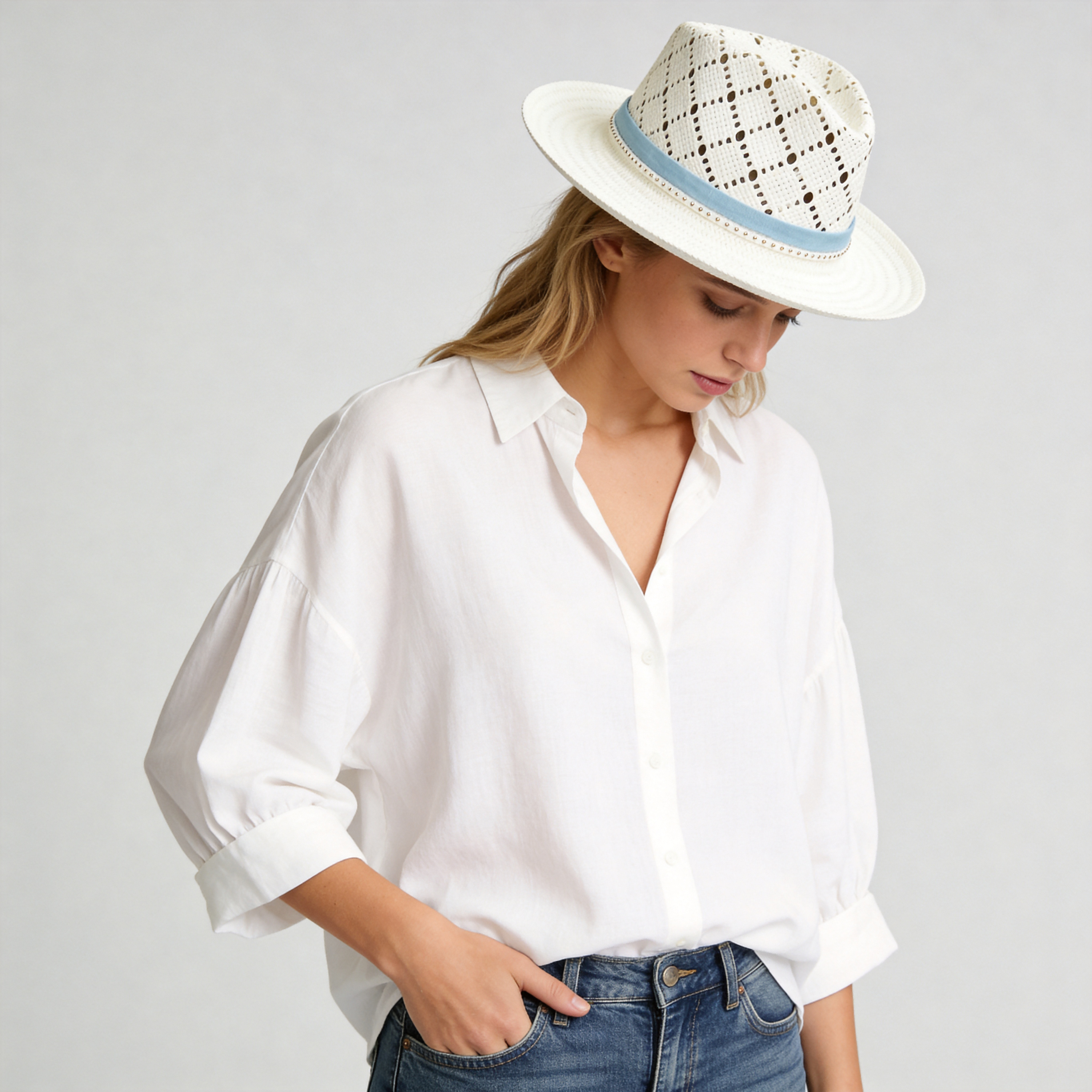 White Straw Hat with Cutout Crown & Light Blue Band