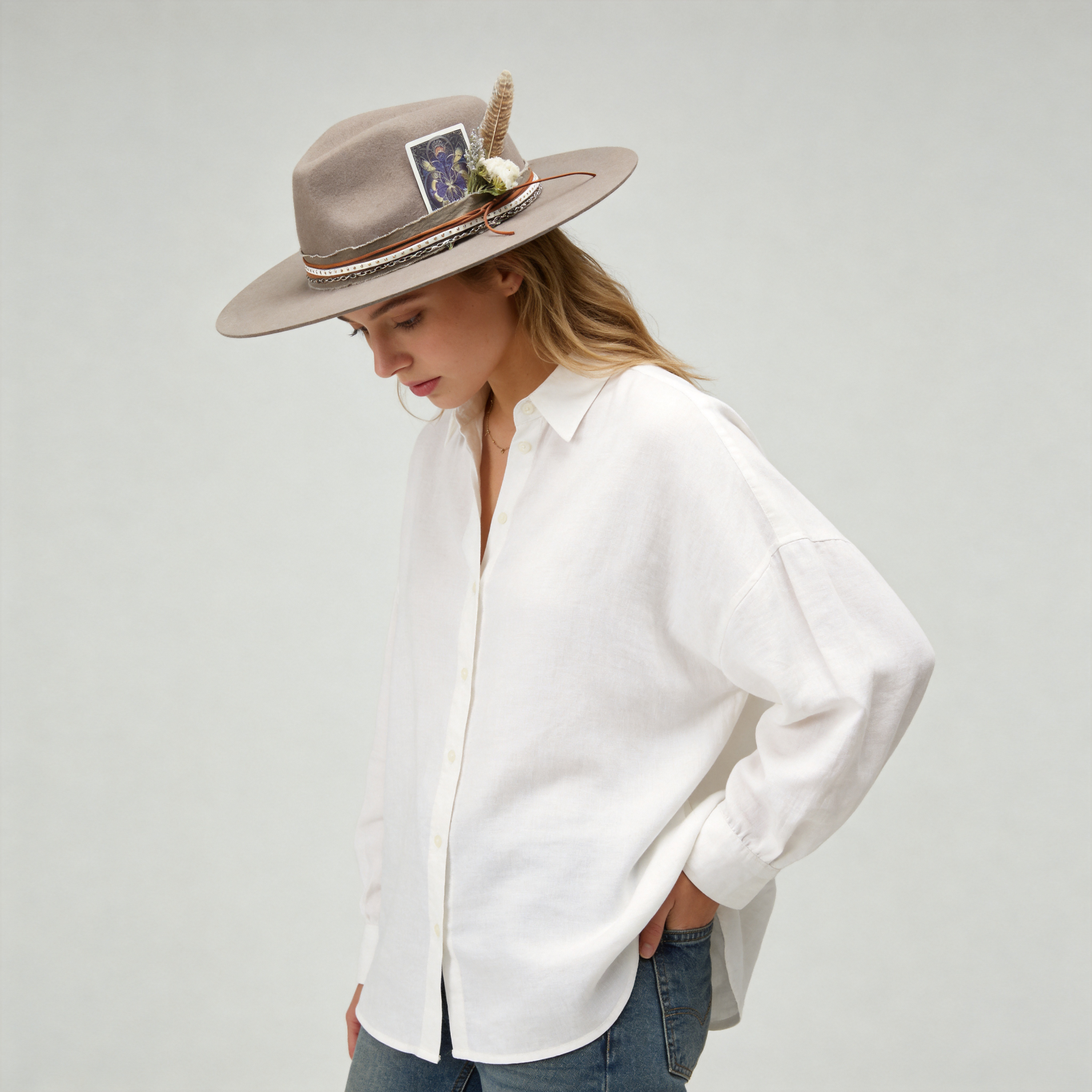 Camel Felt Fedora with Card & Feather Bouquet