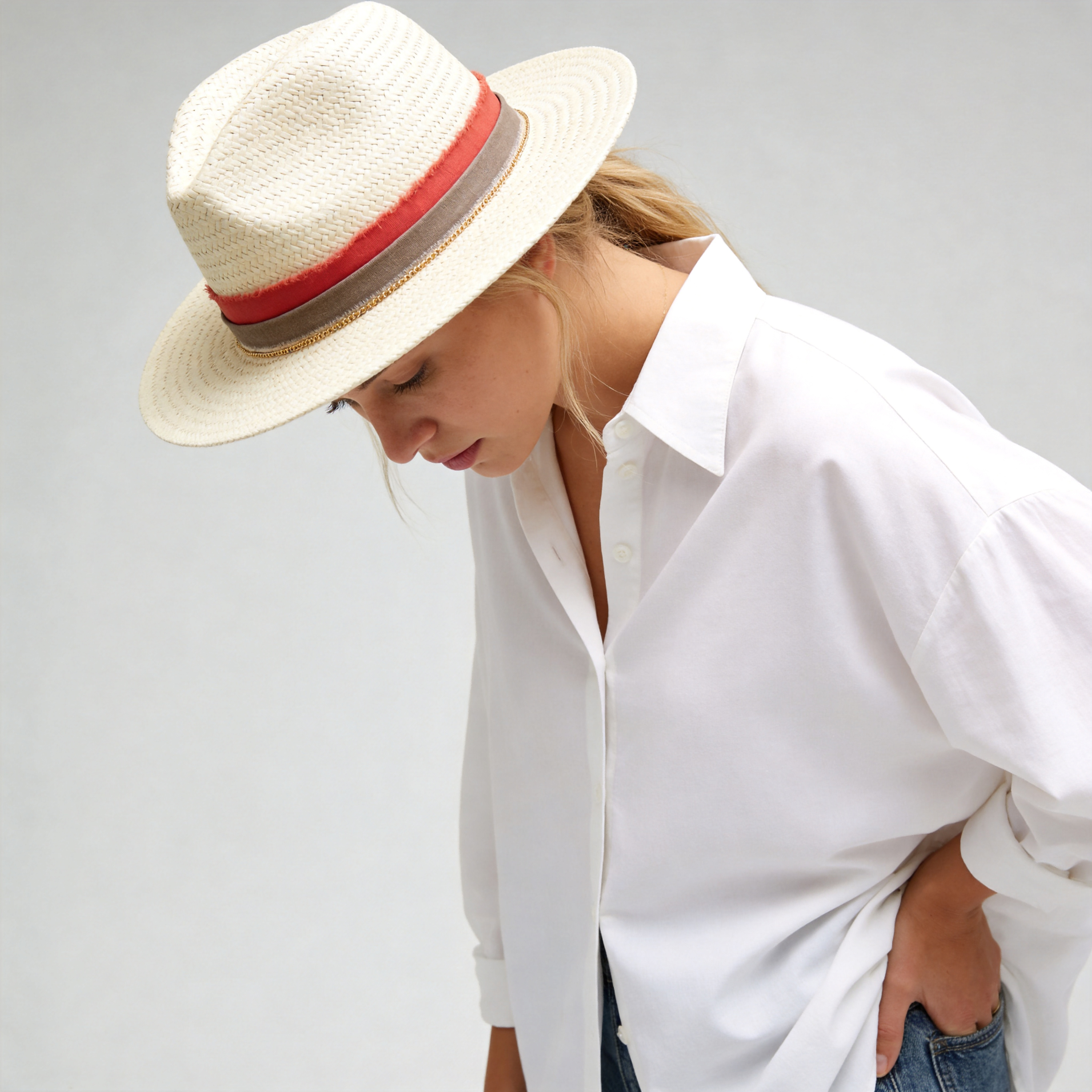 Beige Straw Hat - Flat Brim with Gold Metal Accent