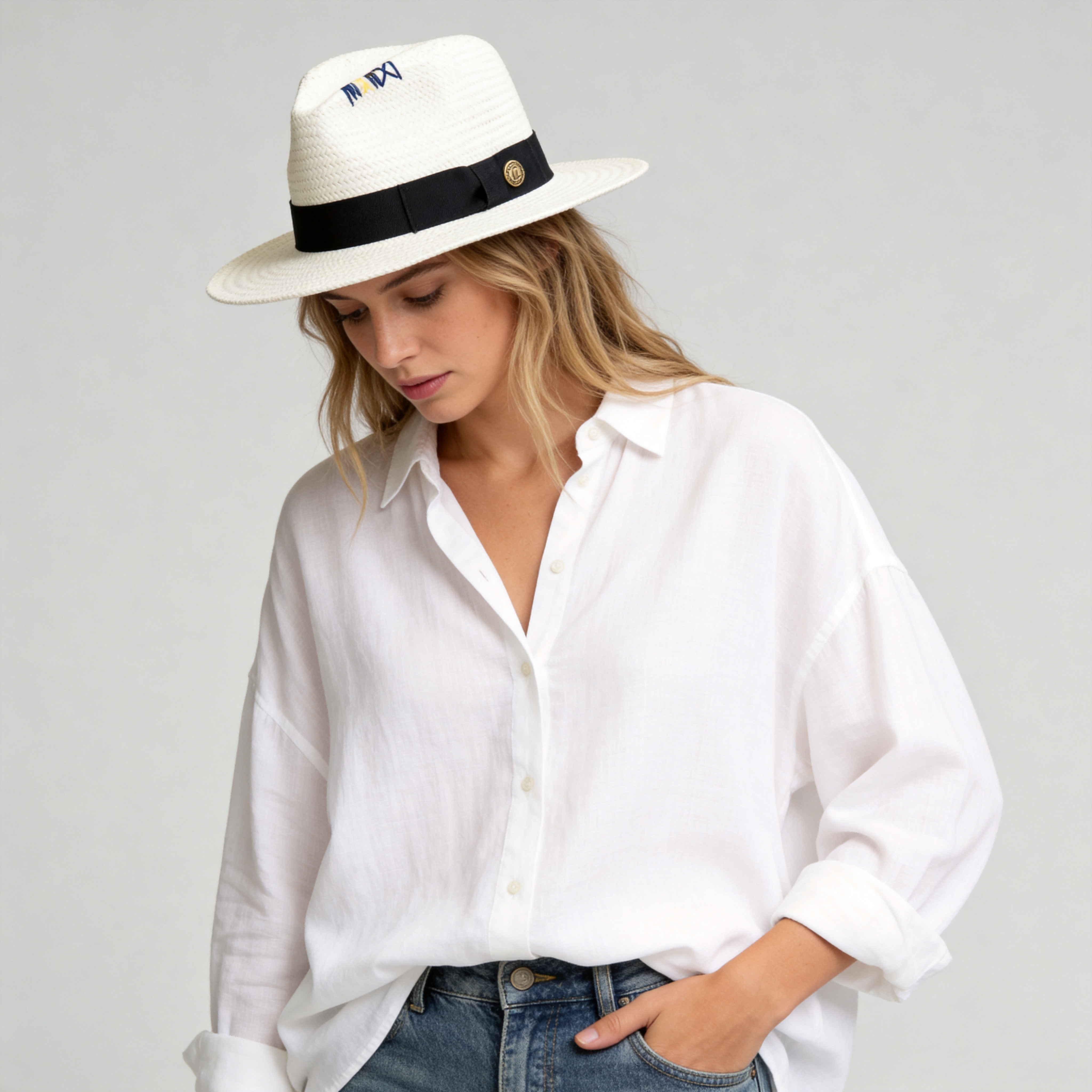 White Straw Hat with Copper Buckle & Stitched Crown