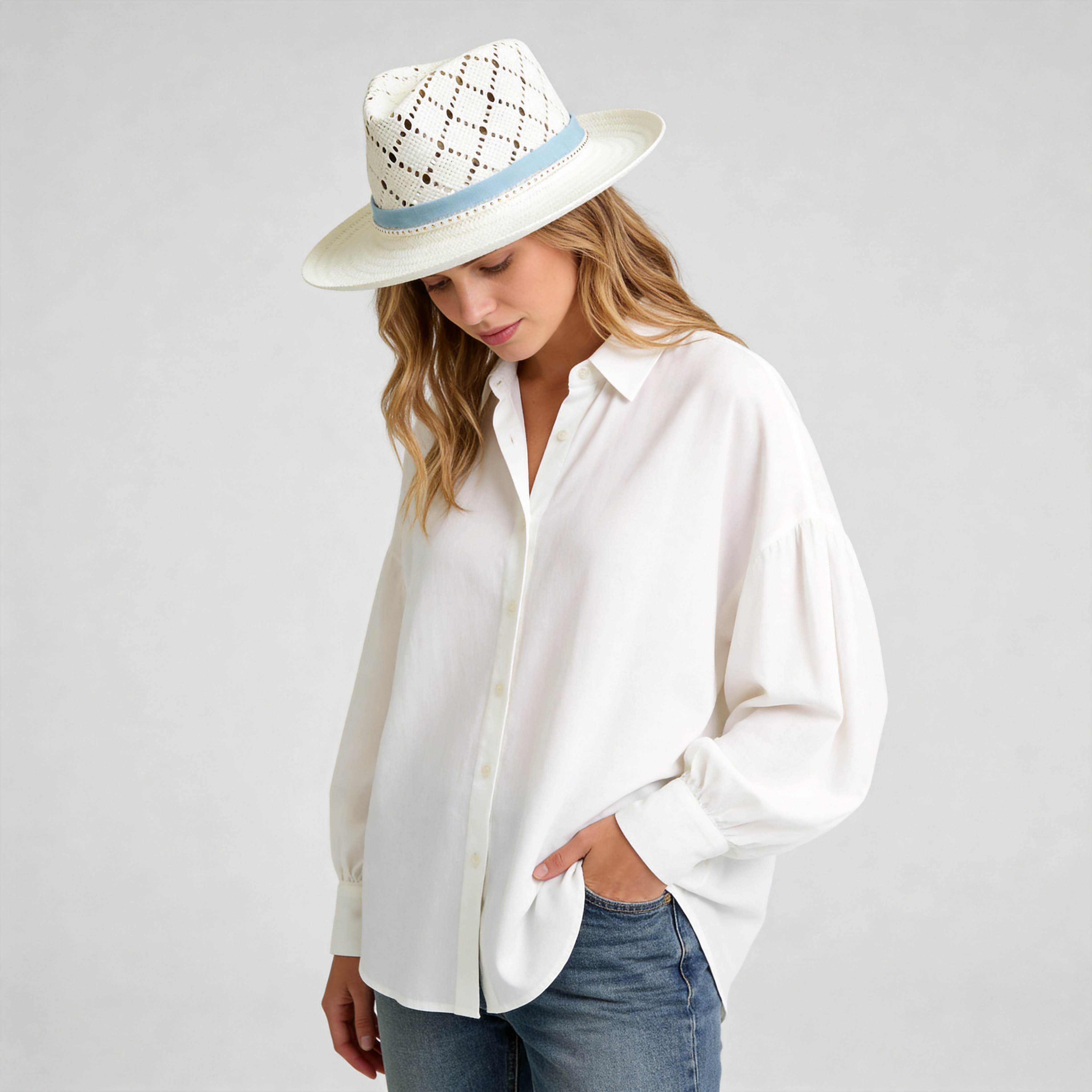 White Straw Hat with Cutout Crown & Light Blue Band