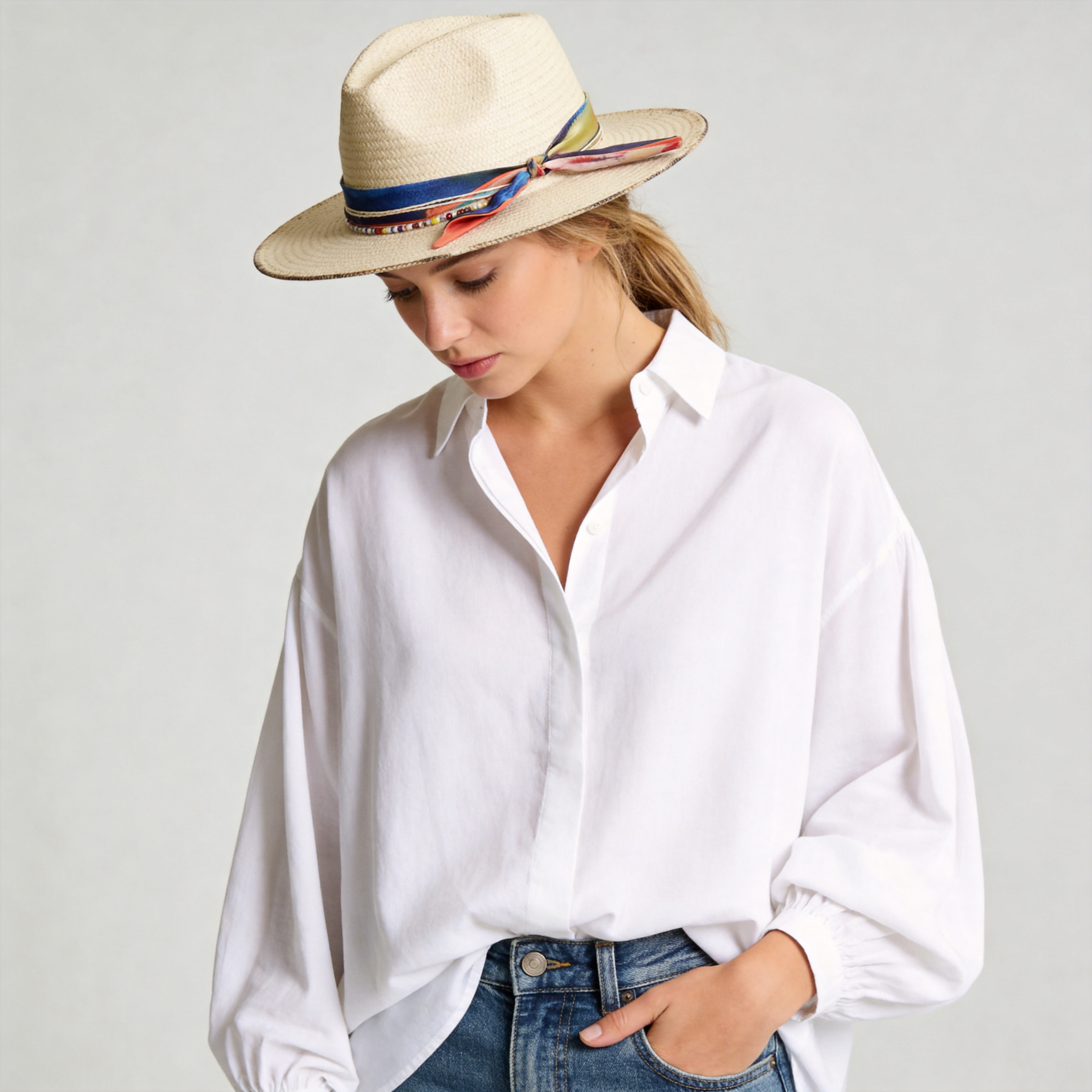 Teardrop Fedora - Beige with Vibrant Ribbon & Burnt Accent