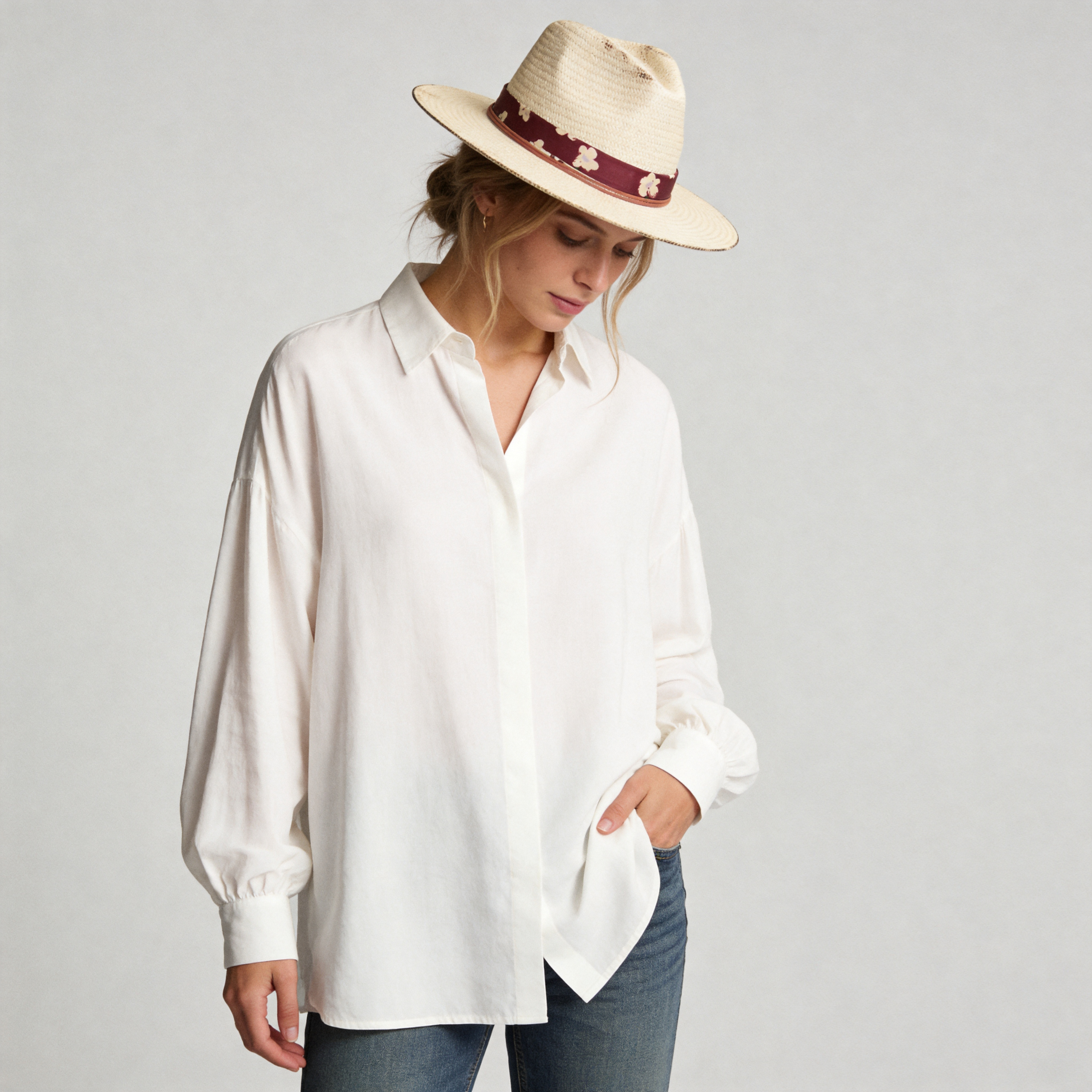 Beige Straw Hat with Floral Band & Burnt Edge Design
