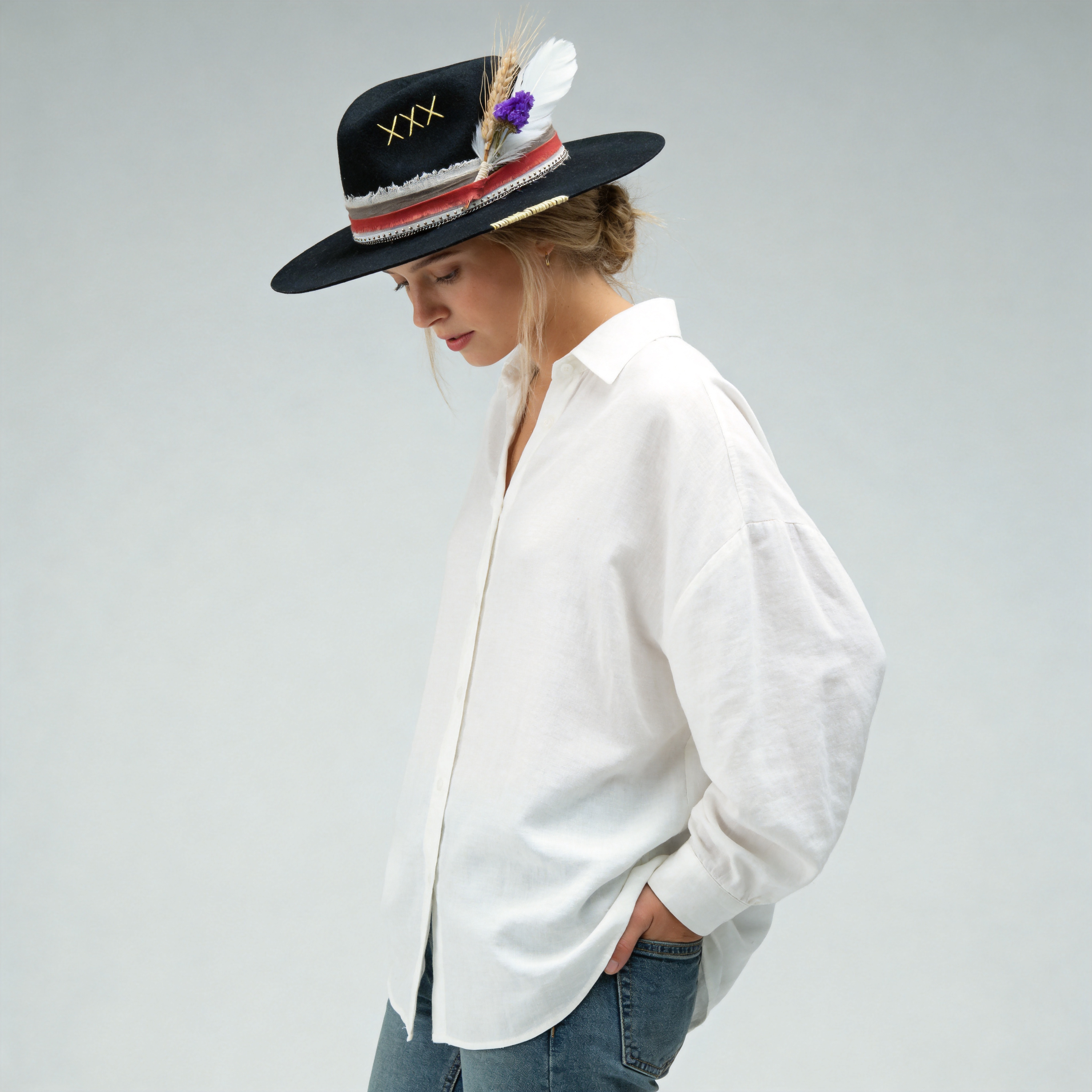 Black Felt Hat with Stitched Crown & Silver Chain Detail