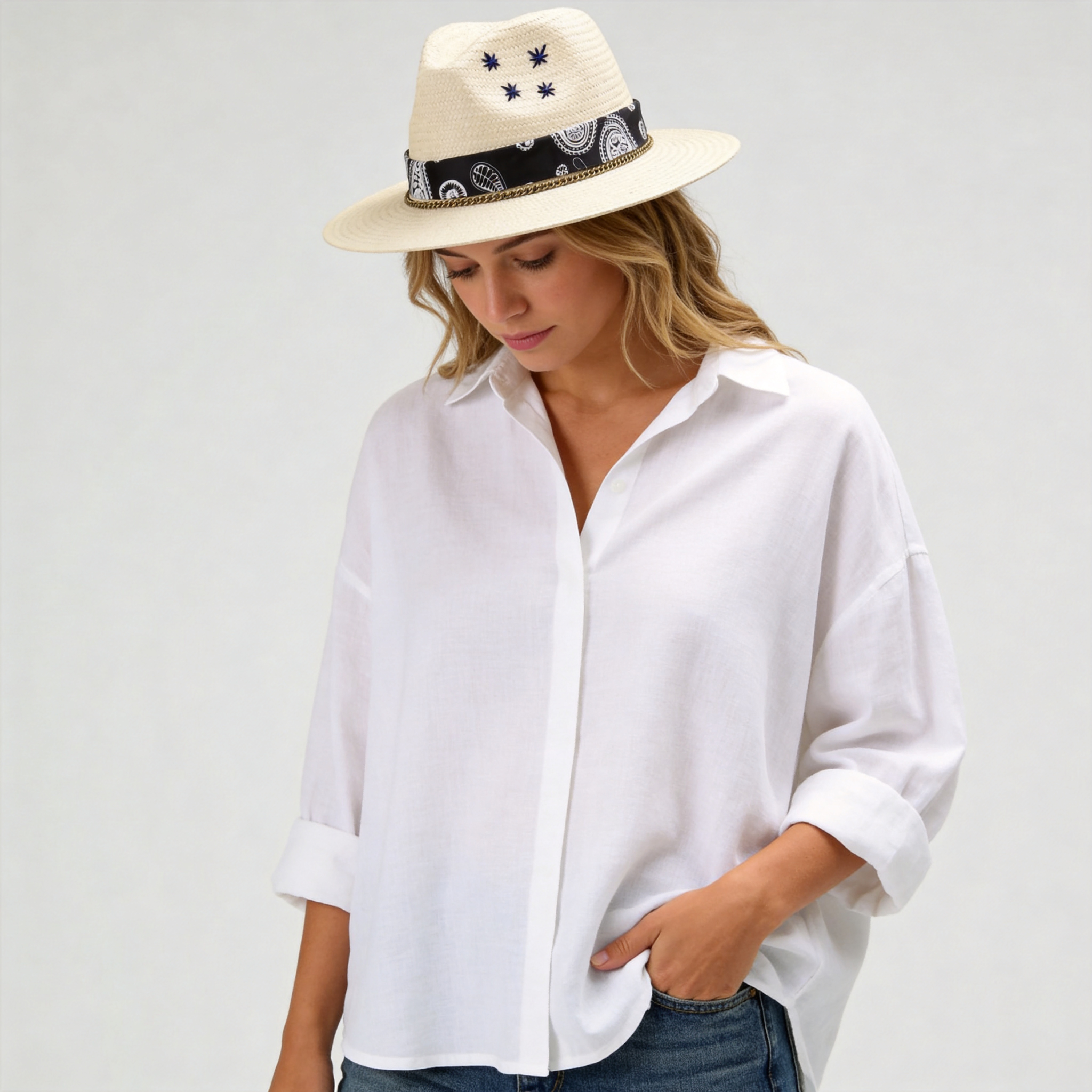 Beige Straw Hat - Classic Teardrop with Brass Chain Accent
