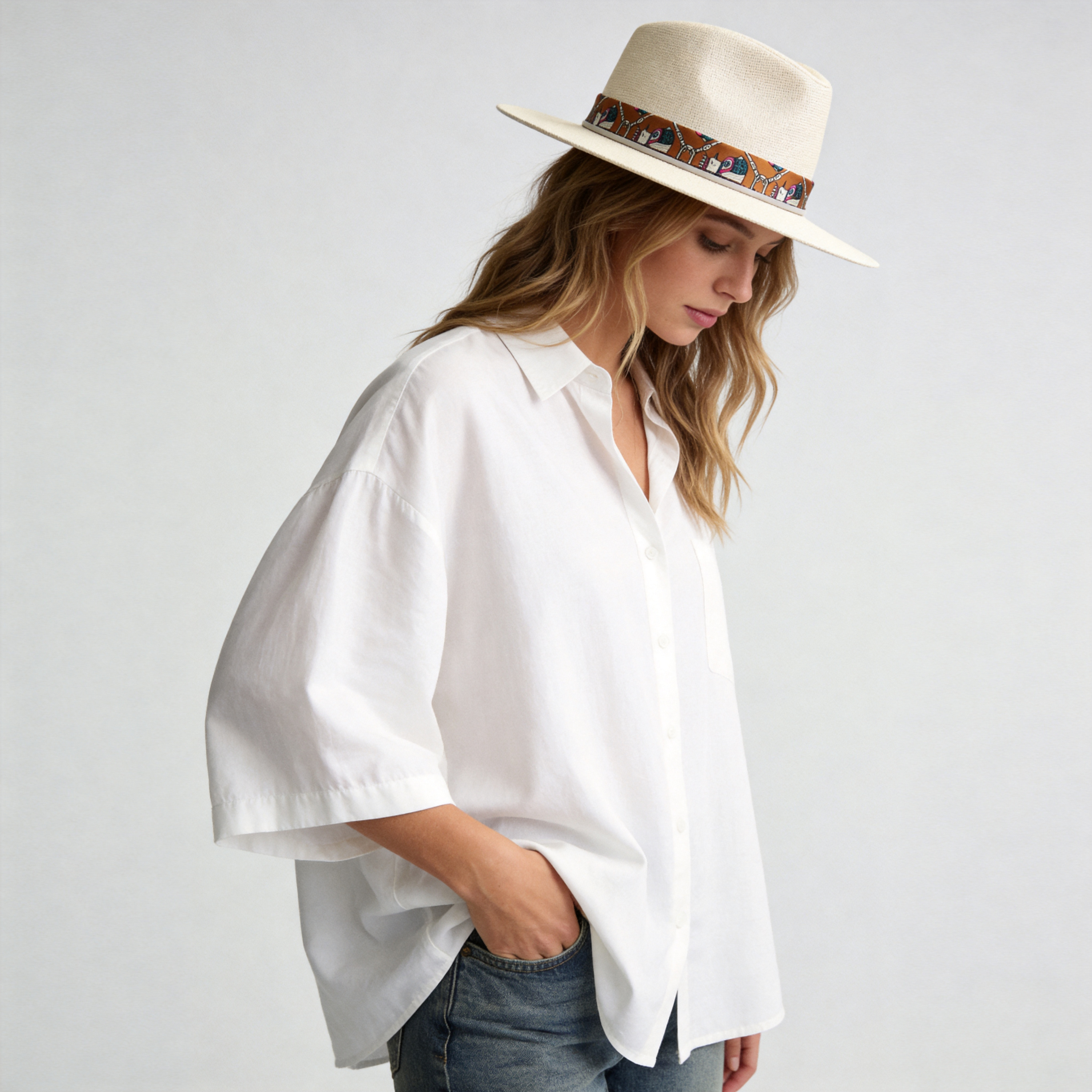 Teardrop Crown Fedora - Beige with Fabric & Thin Cord Strap