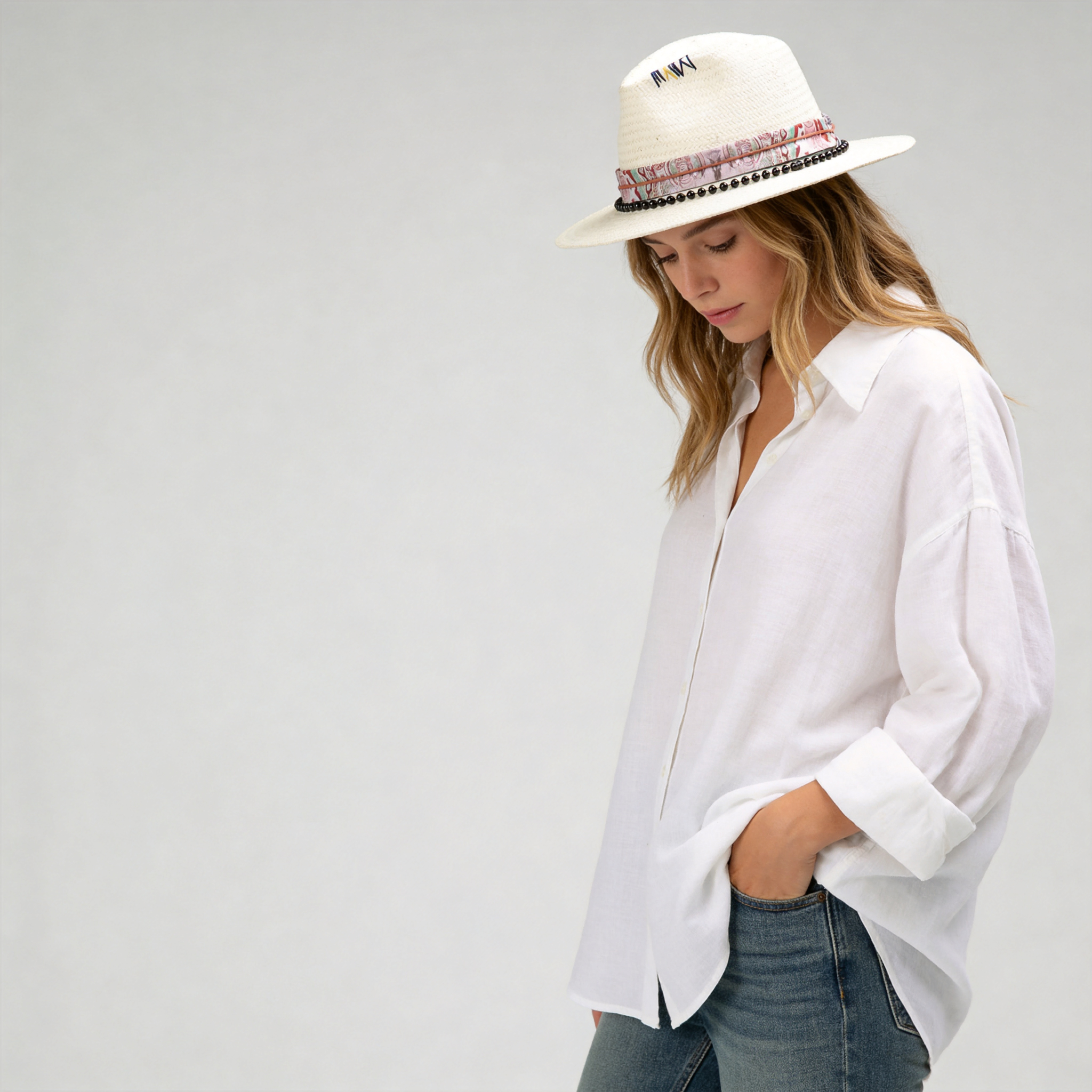 White Straw Hat with Printed Band & Black Beads