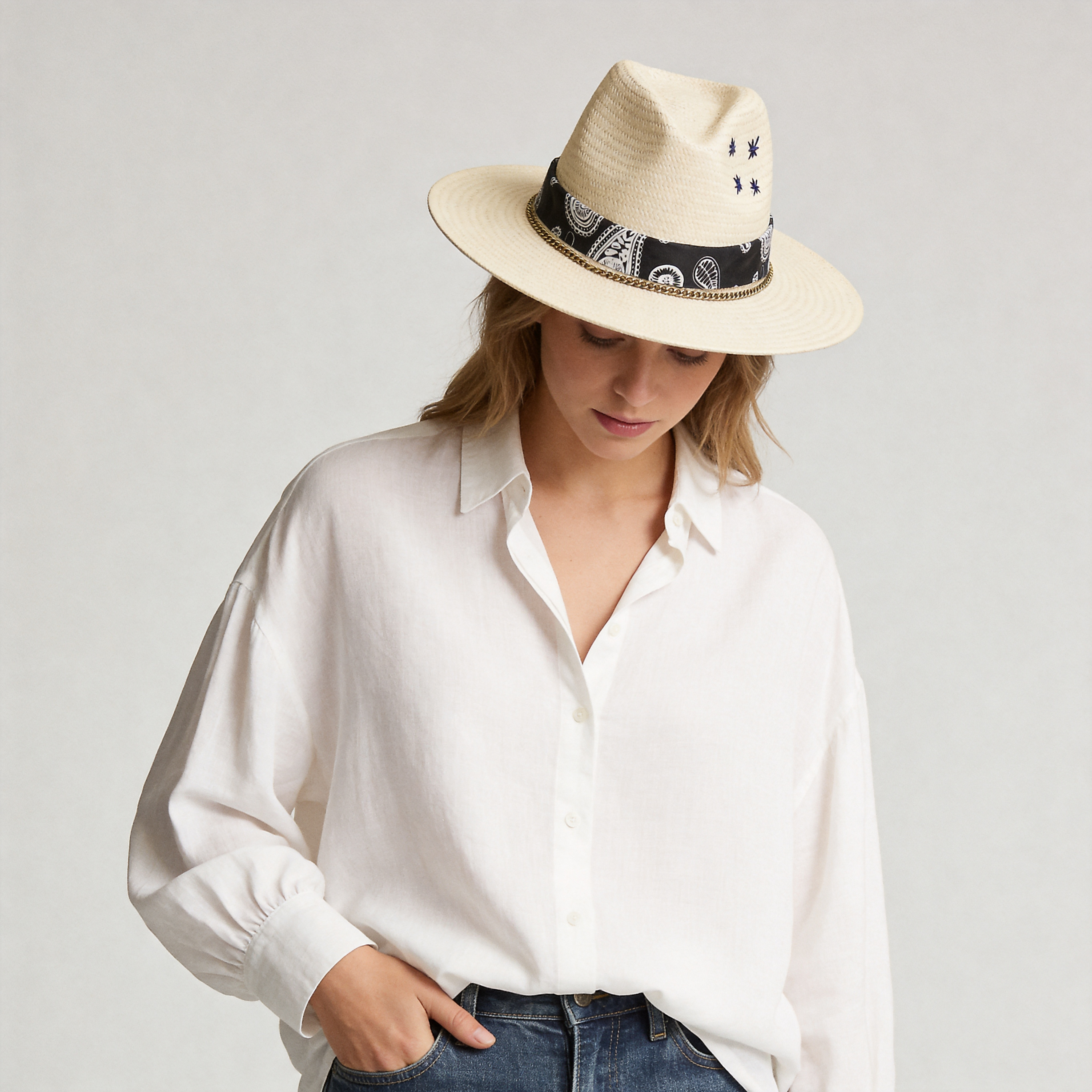 Beige Straw Hat - Classic Teardrop with Brass Chain Accent