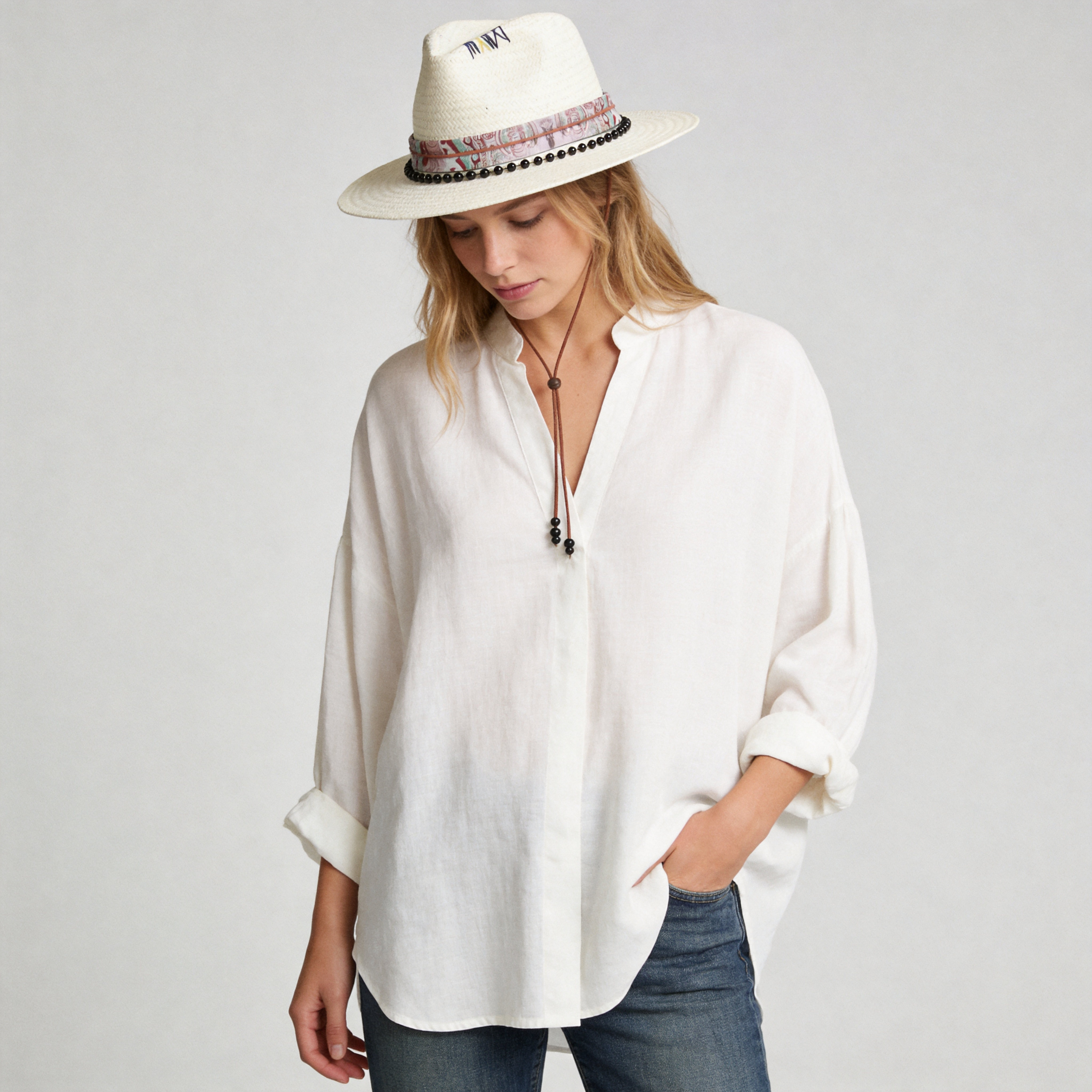 White Straw Hat with Printed Band & Black Beads