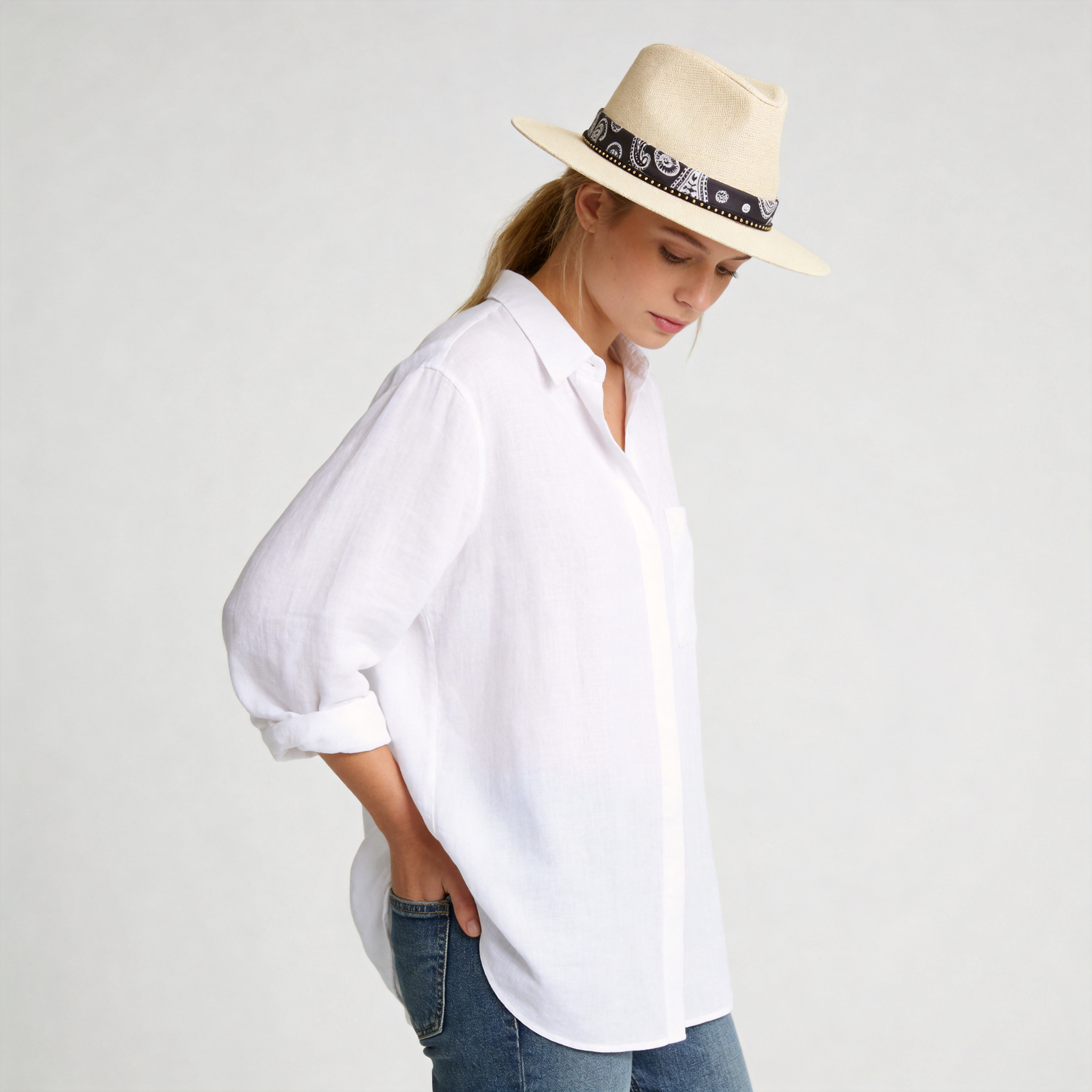 Off-White Straw Hat with Black & White Pattern Band